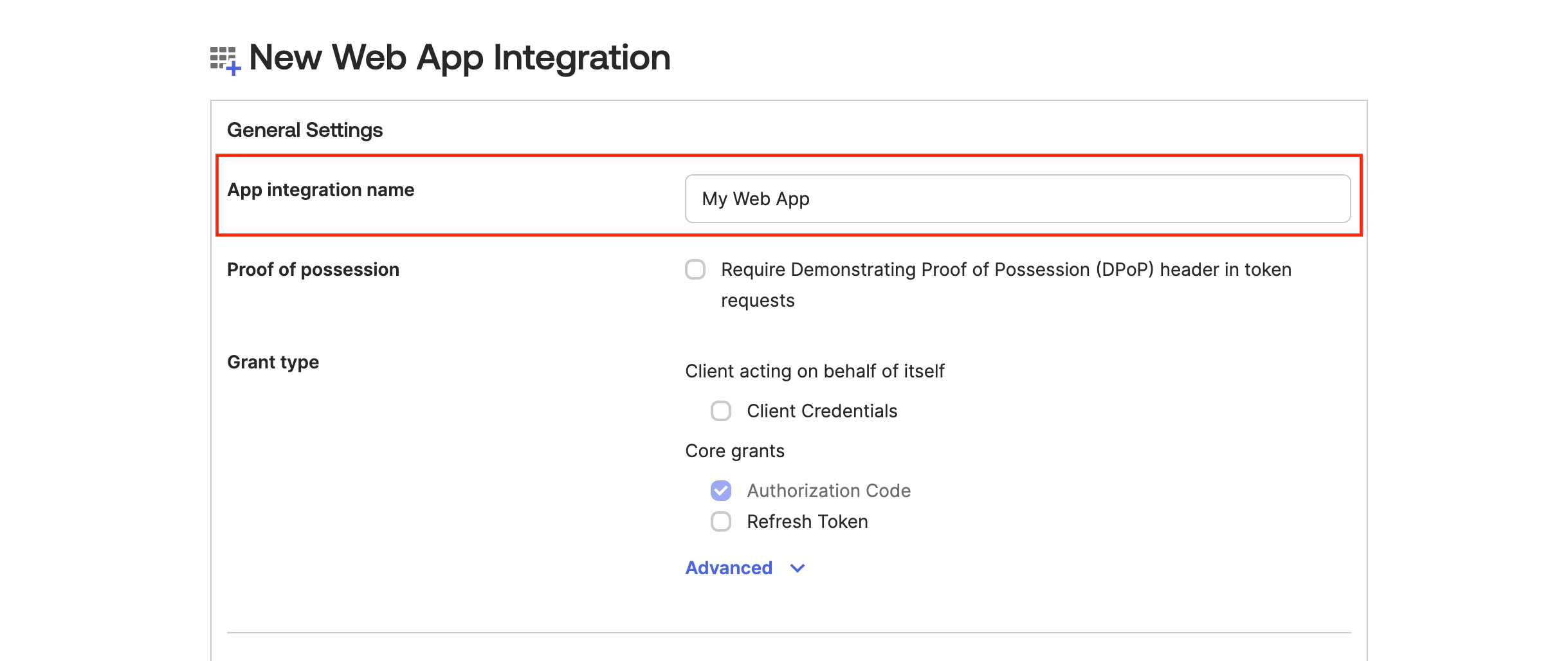 App integration name settings Web app integration settings showing App integration name field set to My Web App