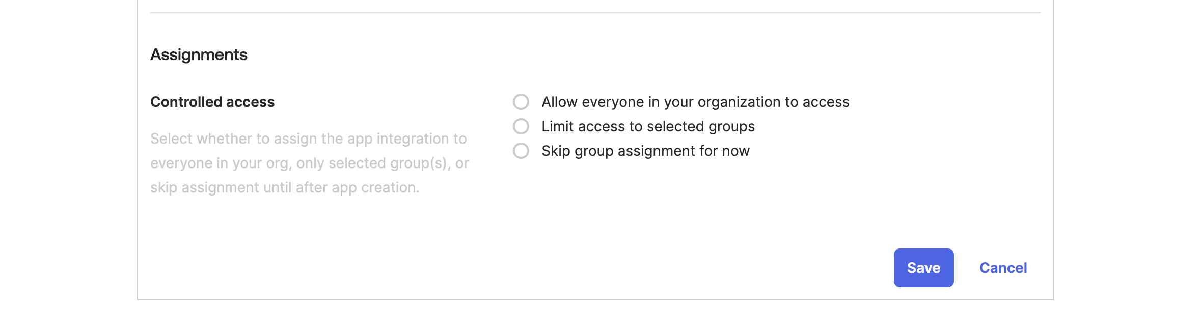 Assign controlled access to app Cosmo Docs access assignment dialog with options for group or org-wide access