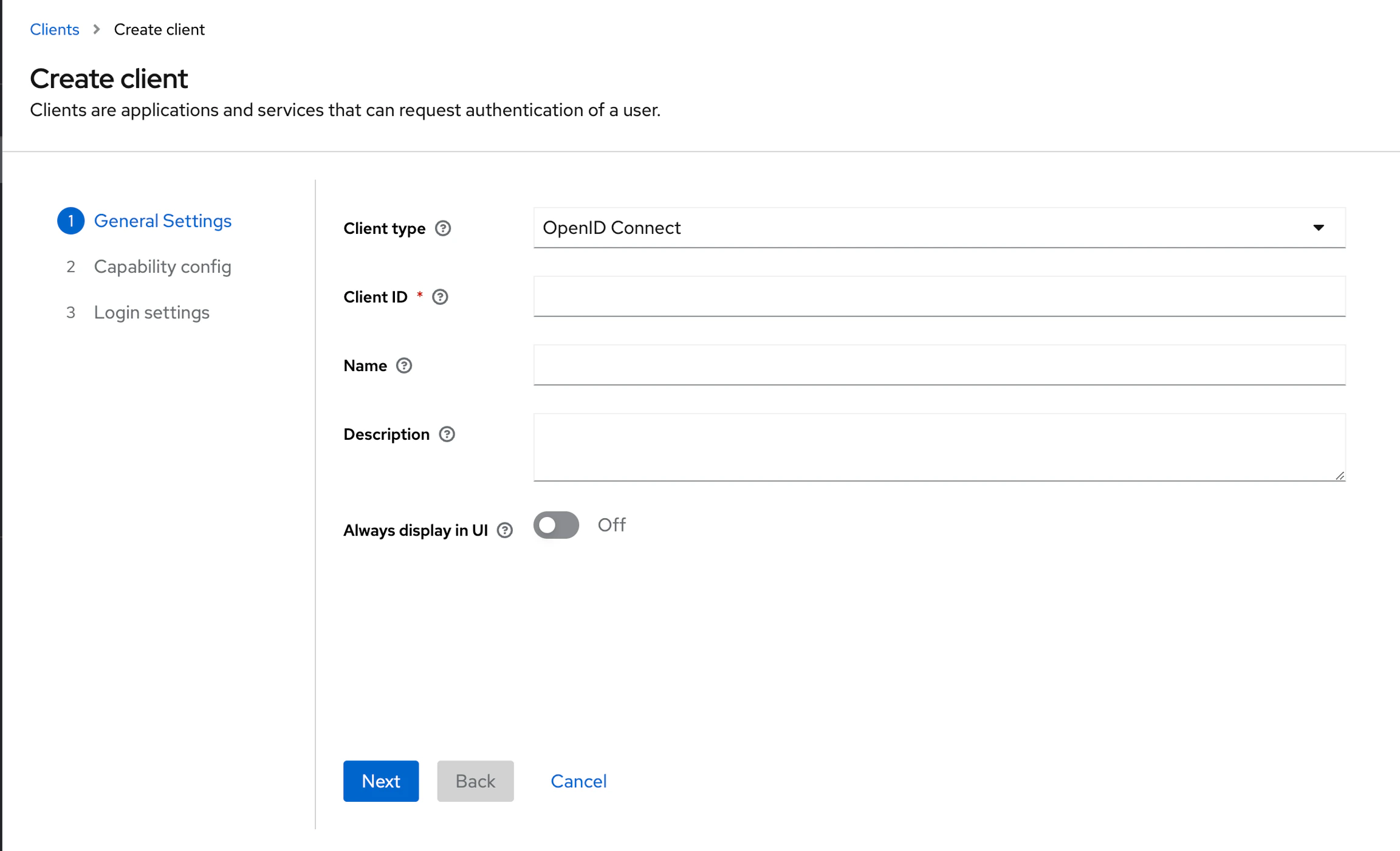 Create OpenID Connect client Create client form for OpenID Connect with general, capability, and login settings