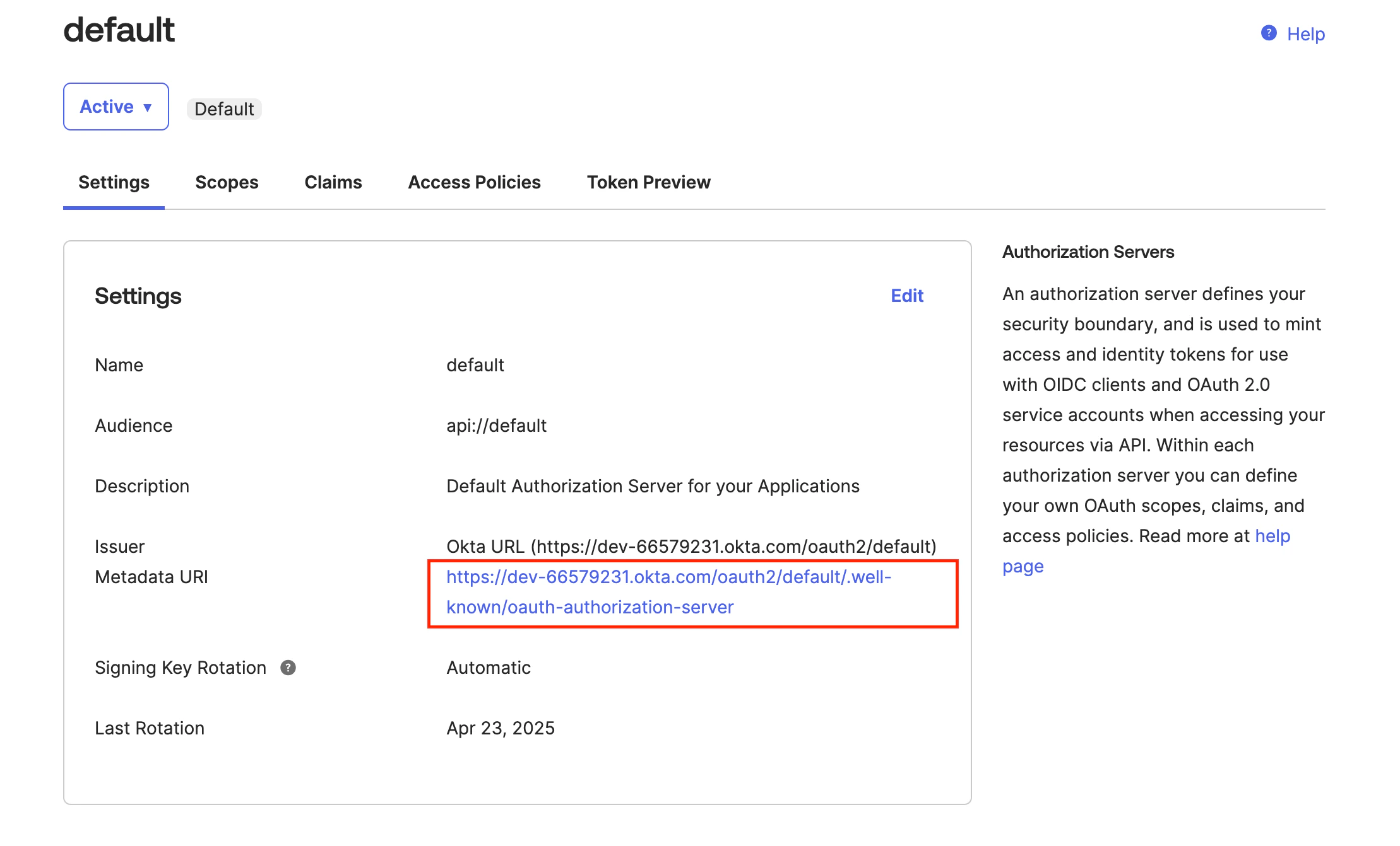 Default authorization server metadata Default authorization server settings highlighting metadata URI in Cosmo Docs