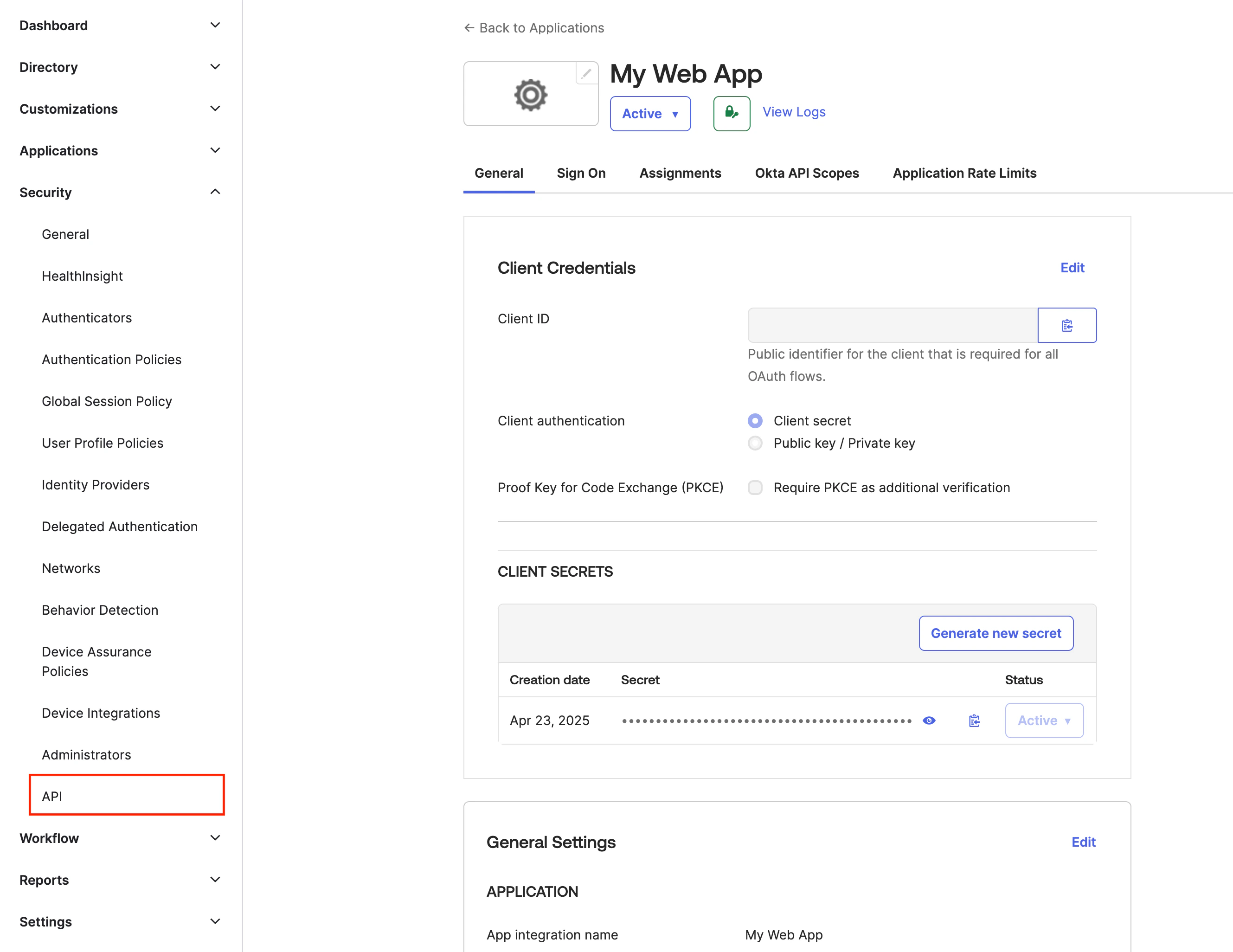Edit client credentials for web app Client Credentials section editing client ID and authentication settings