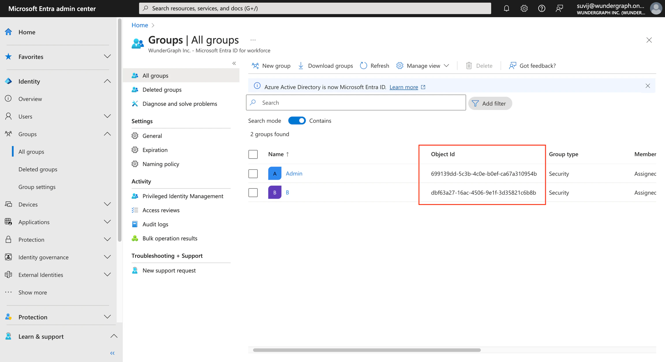 Groups list in Microsoft Entra Microsoft Entra admin center showing two groups with object IDs listed