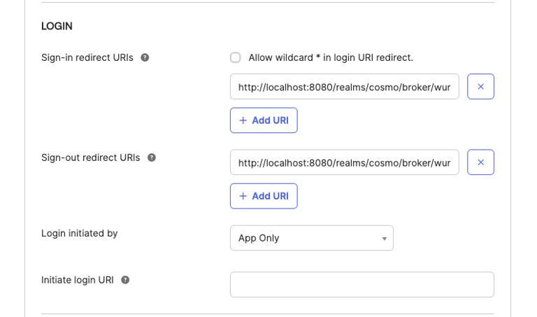 Login configuration with redirect URLs Login configuration specifying sign-in and sign-out redirect URIs and login initiator