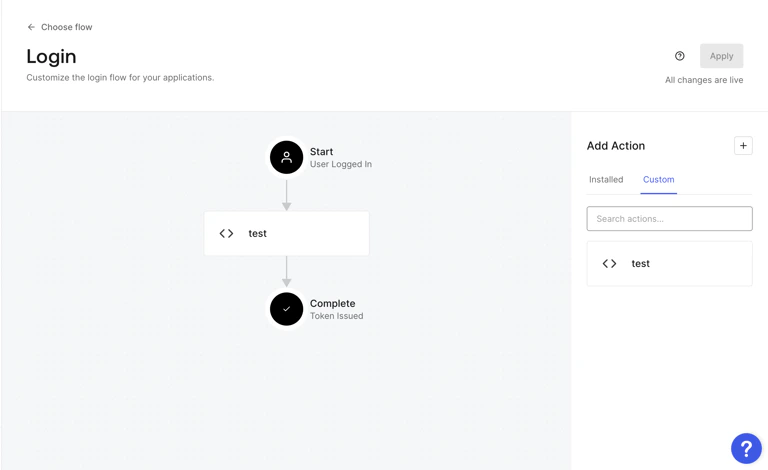 Login flow customization Login flow customization showing Start, test, and Complete actions
