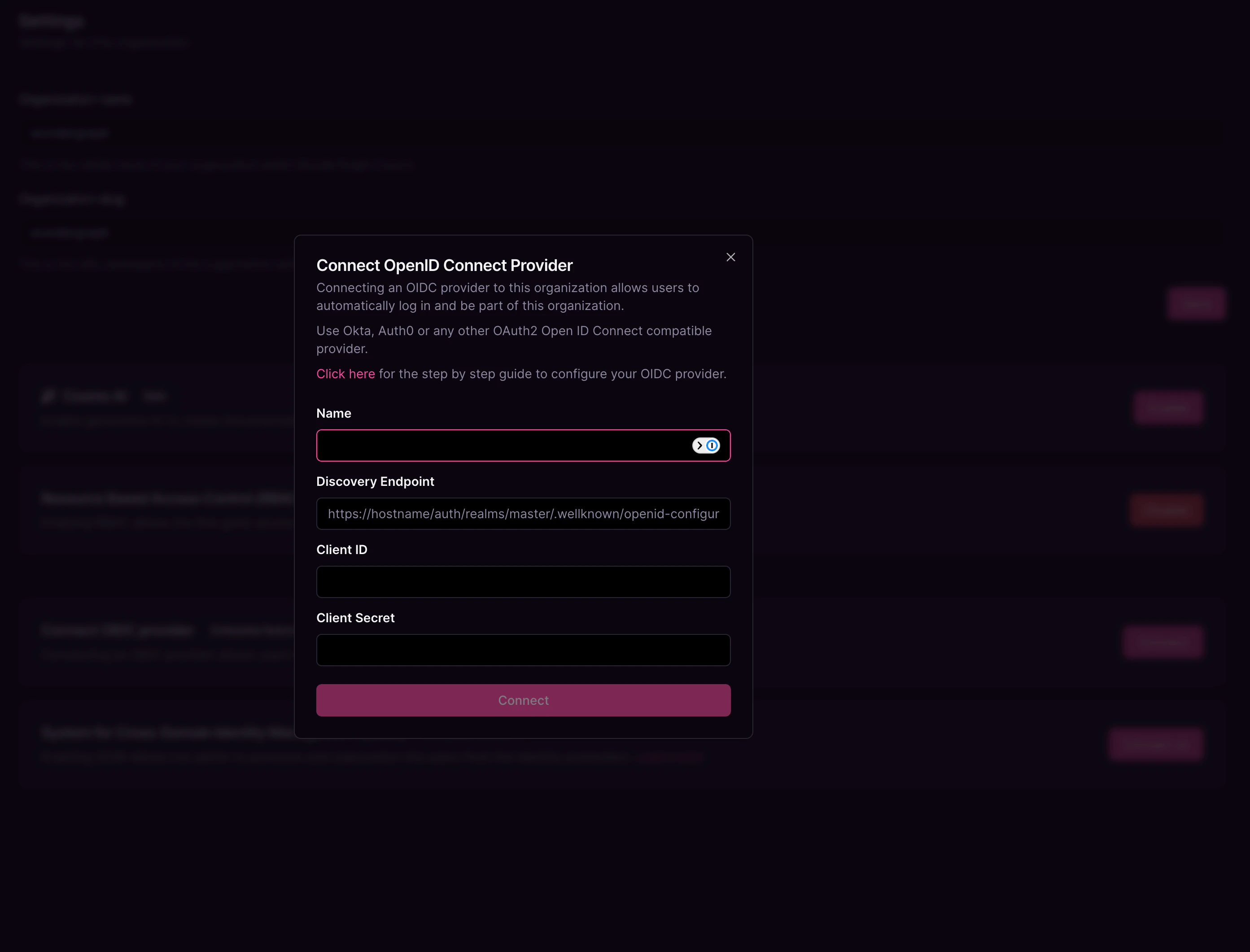 OIDC provider configuration form Connect OpenID Connect Provider form with fields for name, endpoint, and credentials
