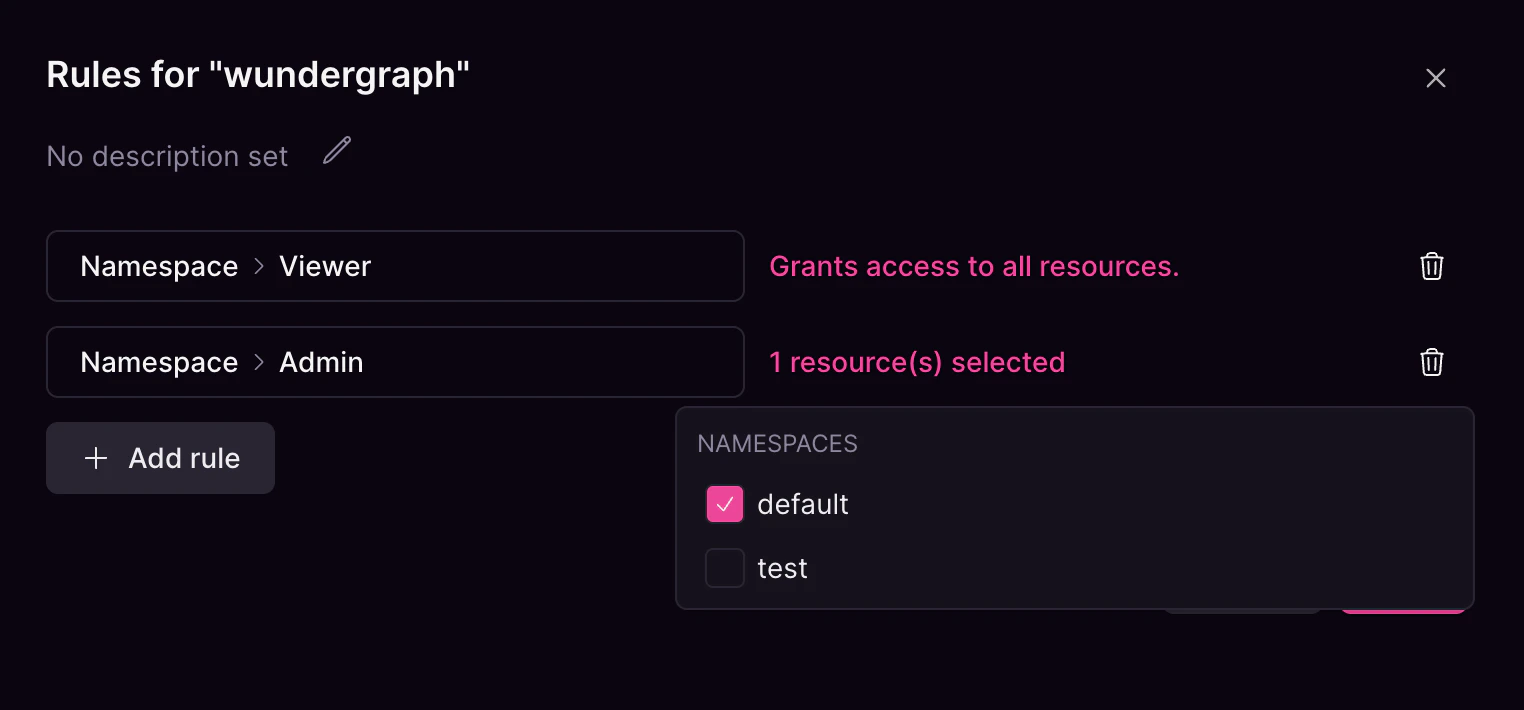 Wundergraph rule without description Cosmo Studio group rule editor showing roles for wundergraph without a description or namespace assigned.