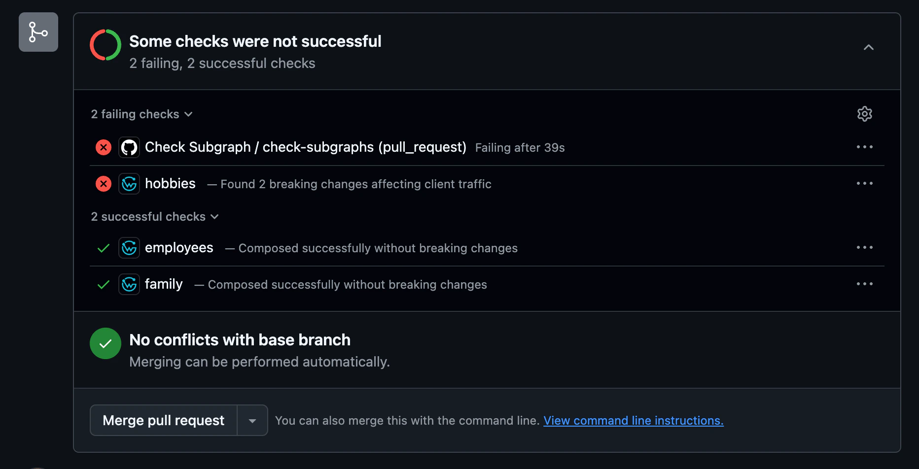 GitHub integration — subgraph checks in PR GitHub pull request checks with Cosmo subgraph results: hobbies failing (2 breaking changes), employees and family passing; merge possible.
