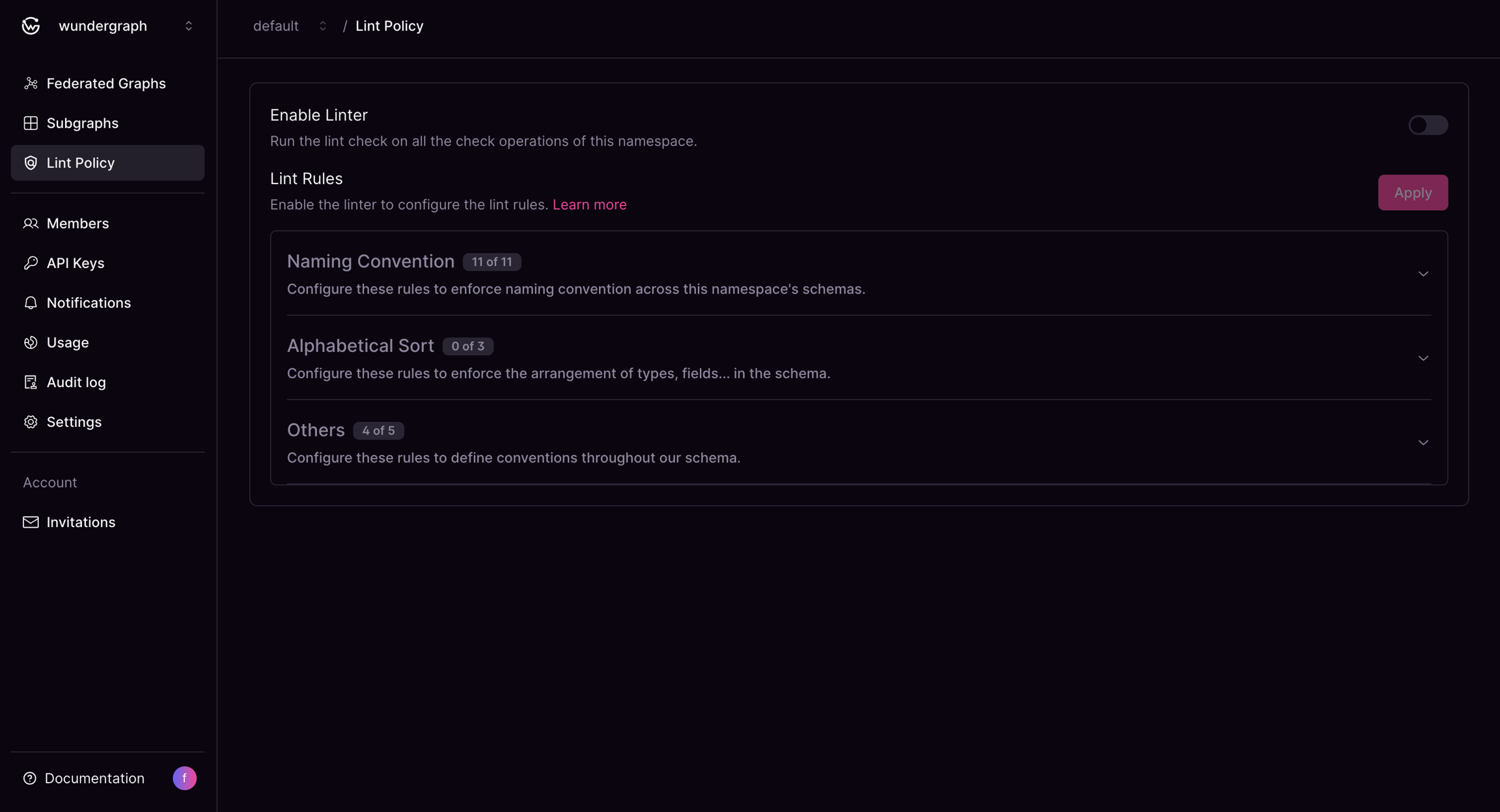 Lint Policy section showing Linter enabled and Apply button in Cosmo Docs
