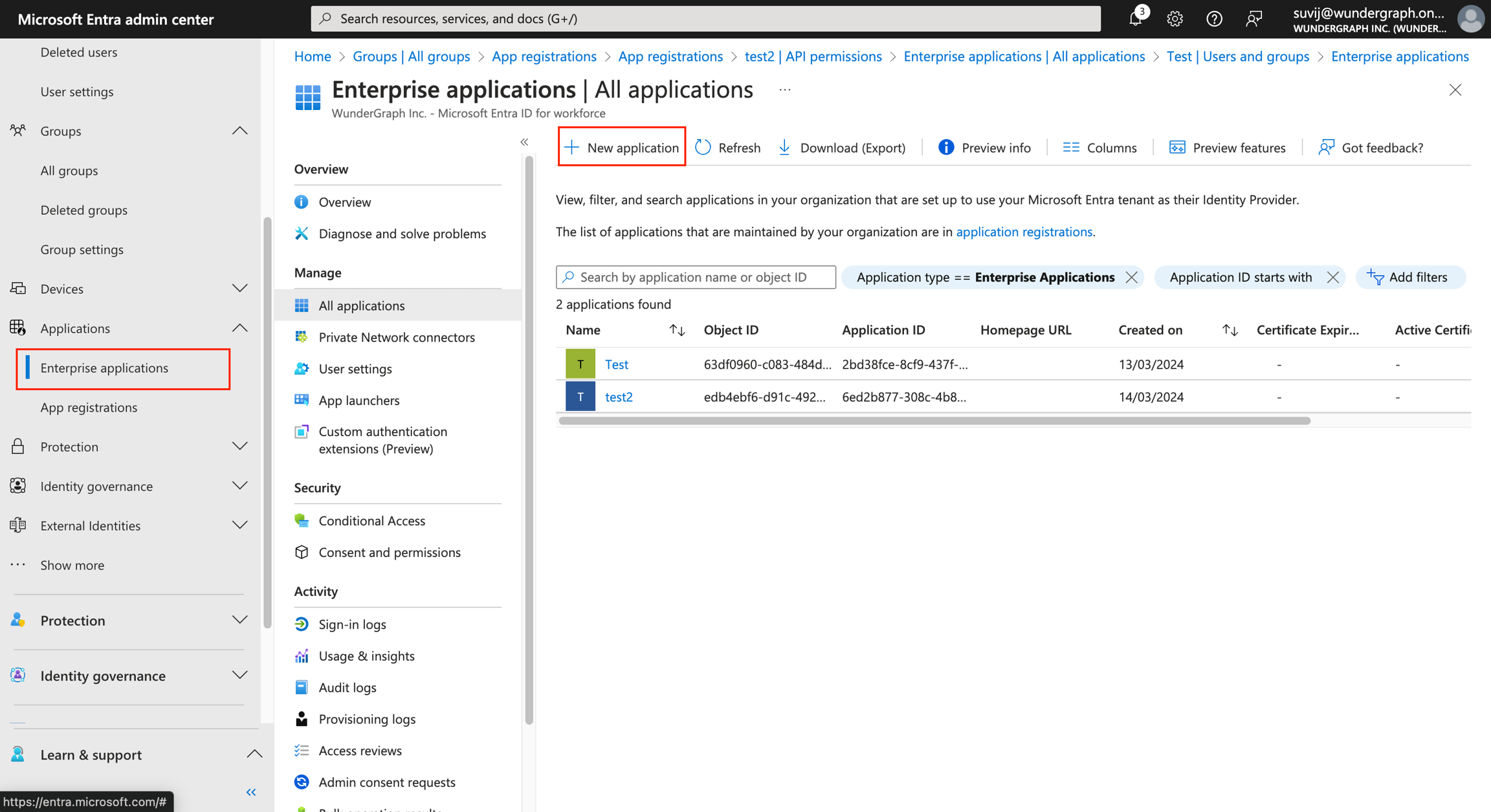 Microsoft Entra admin center with Enterprise Applications and New Application button