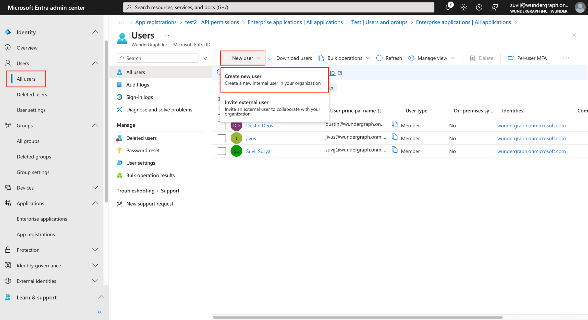 Microsoft Entra Users section highlighting Create new user option