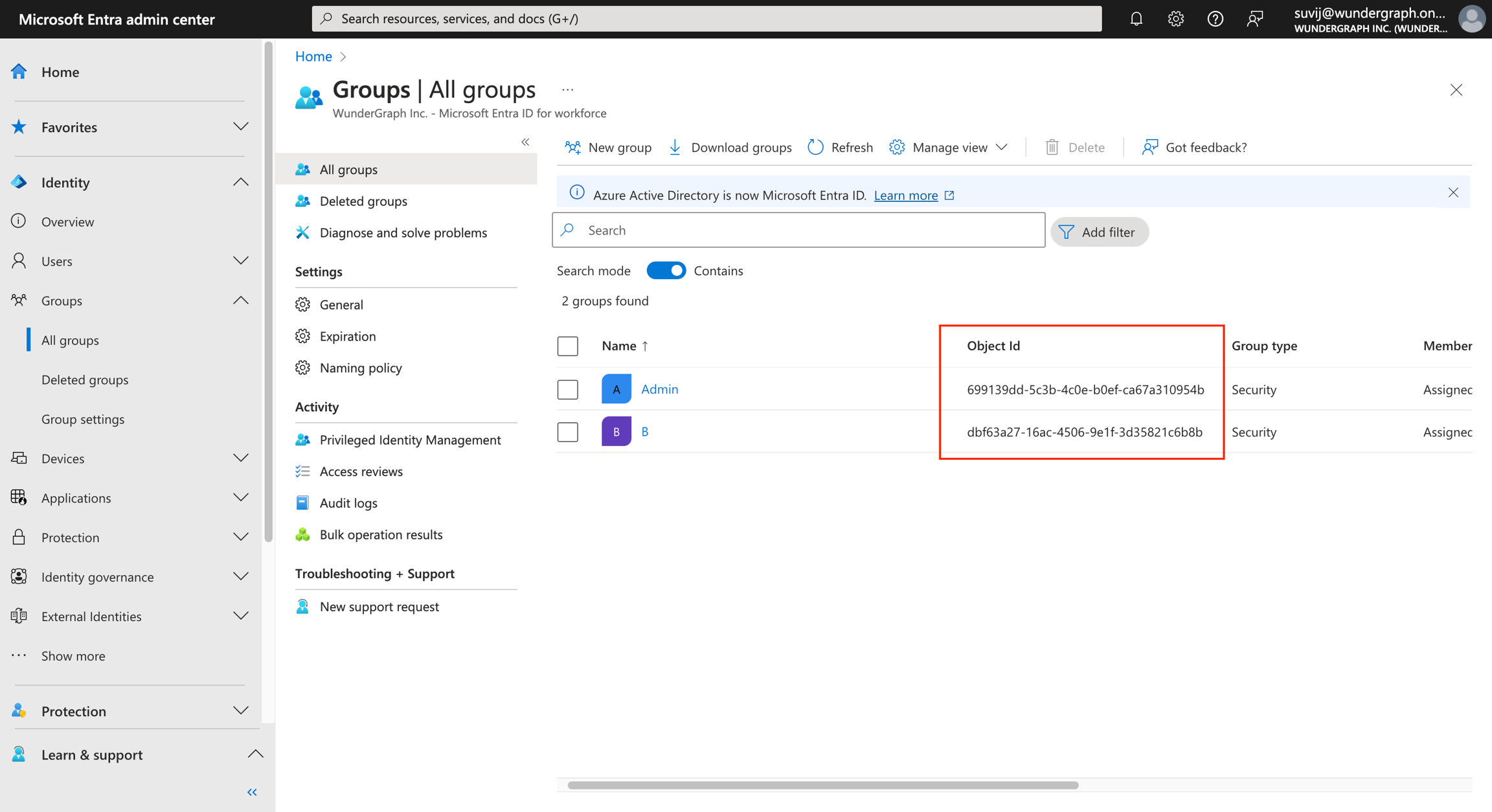 Microsoft Entra admin center showing two groups with object IDs listed