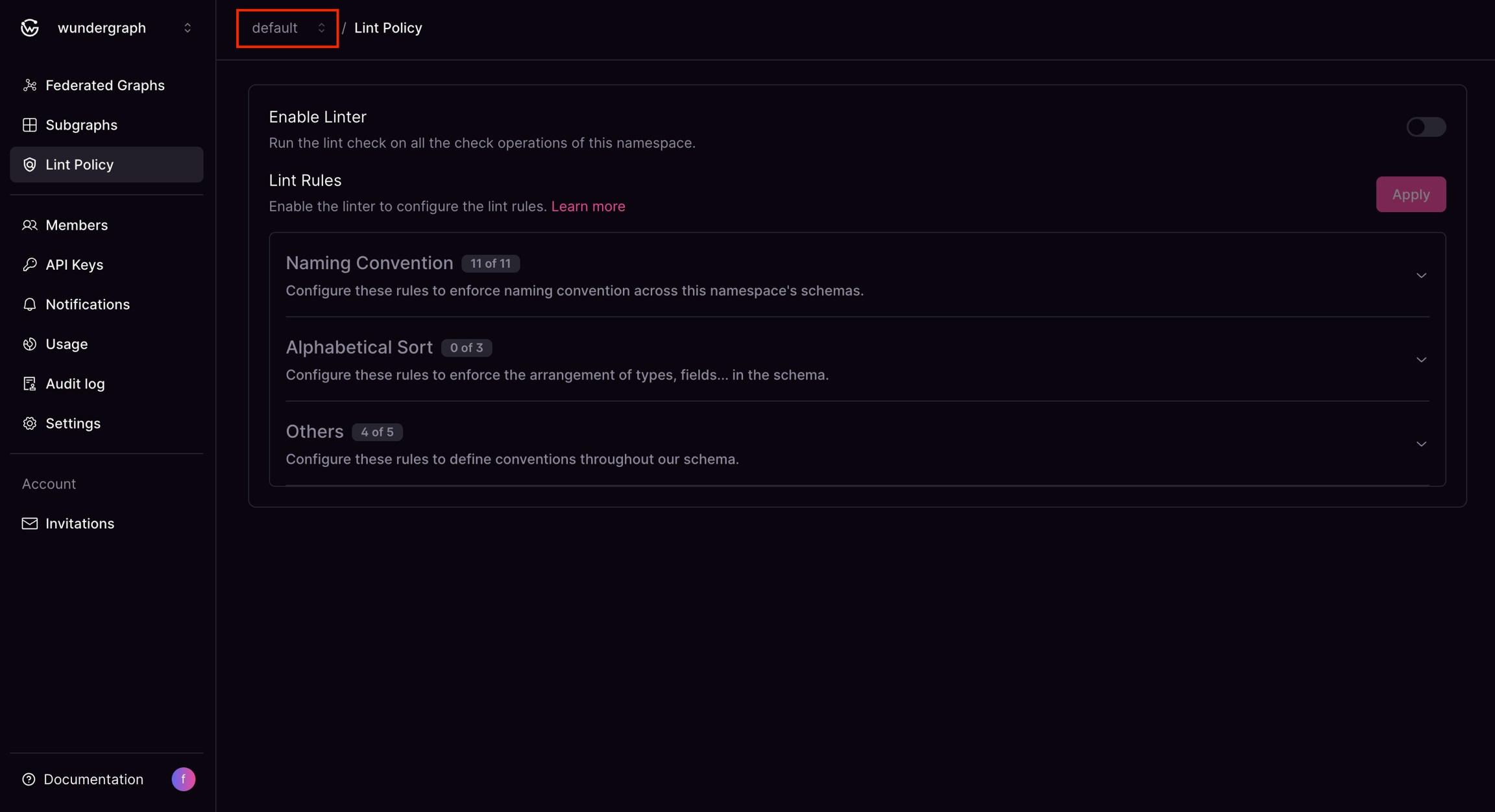 Lint Policy default tab active Lint Policy section showing Default tab selected and Apply button available