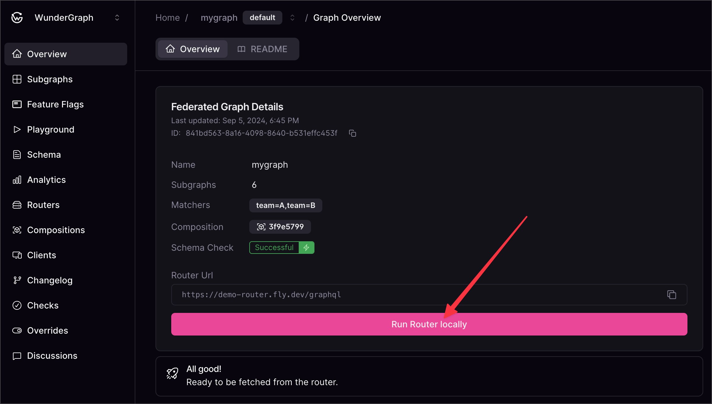 Cosmo dashboard option to run the router locally. Cosmo dashboard showing the Graph Overview page with the “Run Router locally” button highlighted.