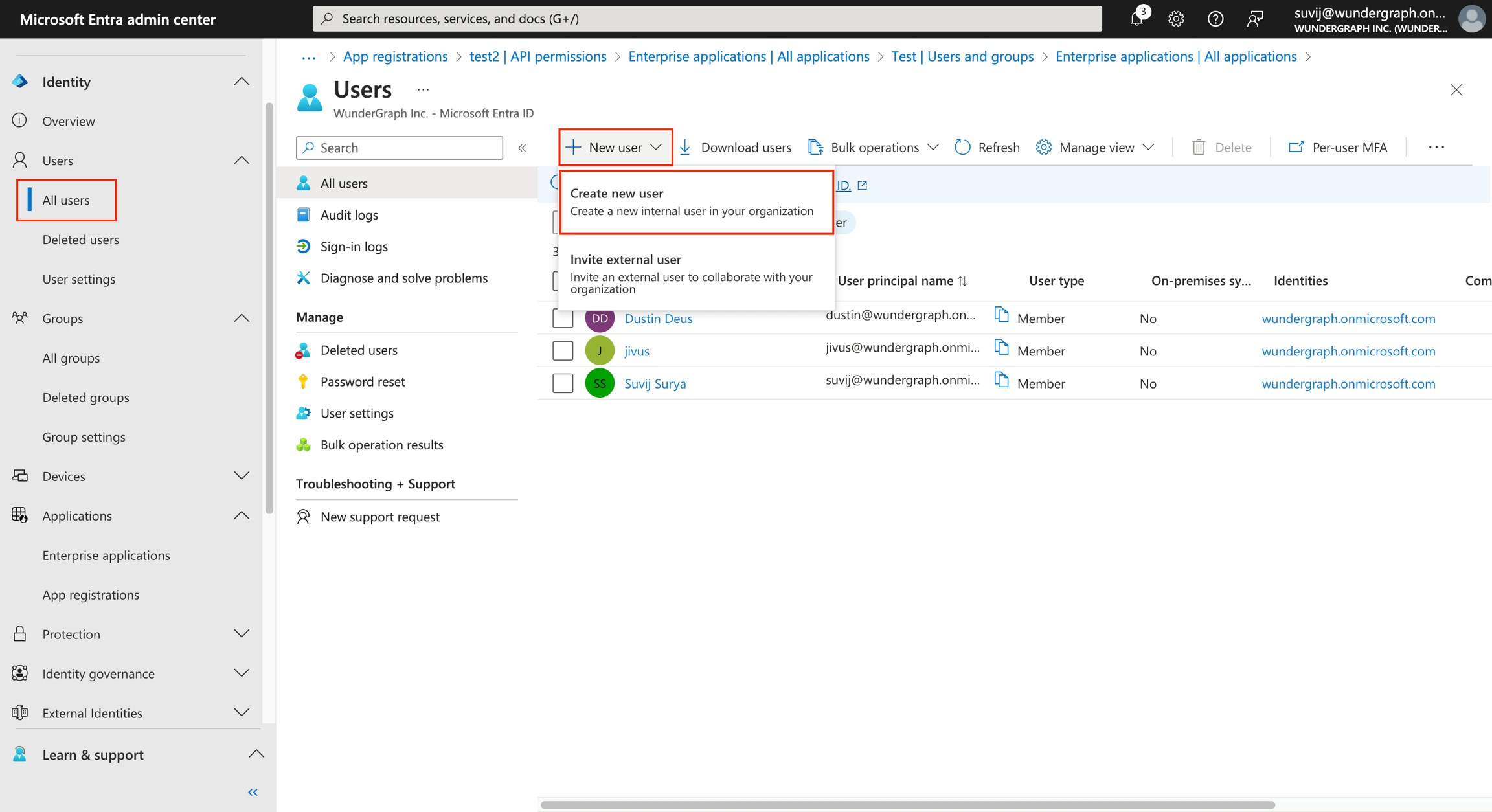 Create new user in Entra Microsoft Entra Users section highlighting Create new user option