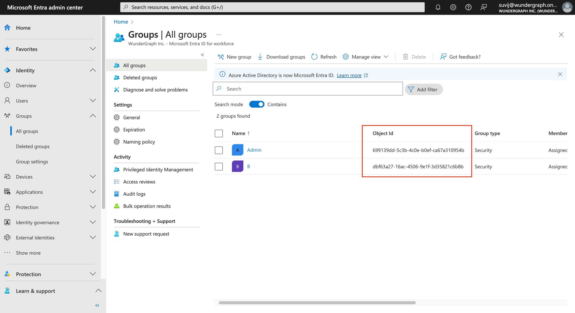 Groups list in Microsoft Entra Microsoft Entra admin center showing two groups with object IDs listed