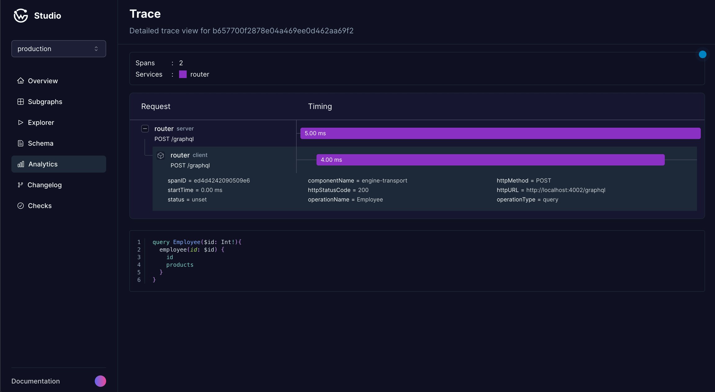 Router trace view with latency metrics Router trace view with latency metrics