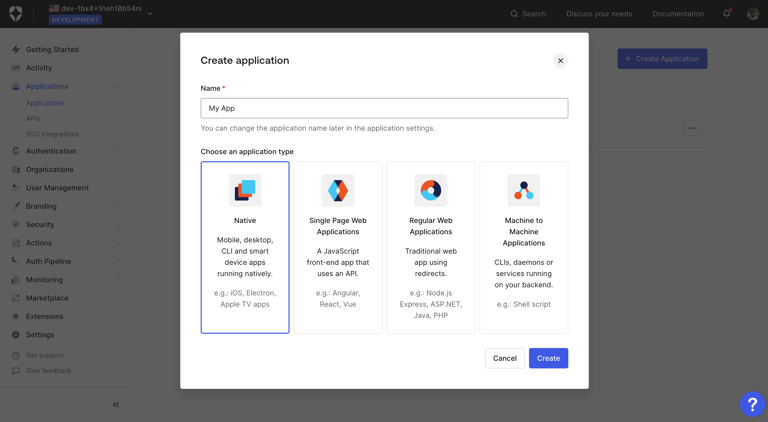 Create Native app named My App Creating a new Native application named My App