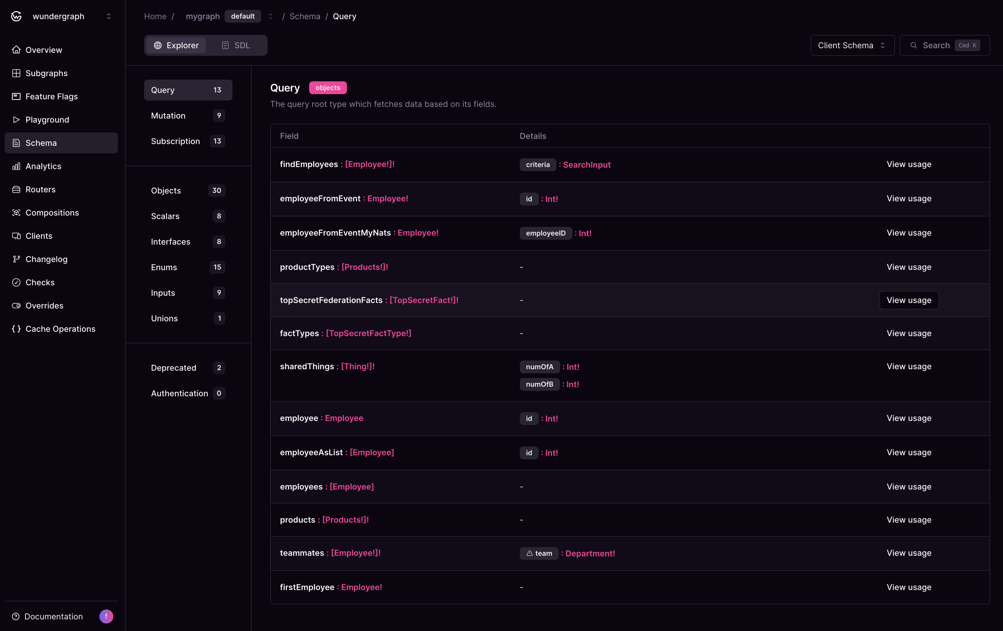 Schema Explorer — Query fields overview Cosmo Studio Schema Explorer displaying the Query root with fields like findEmployees, products, and teammates.