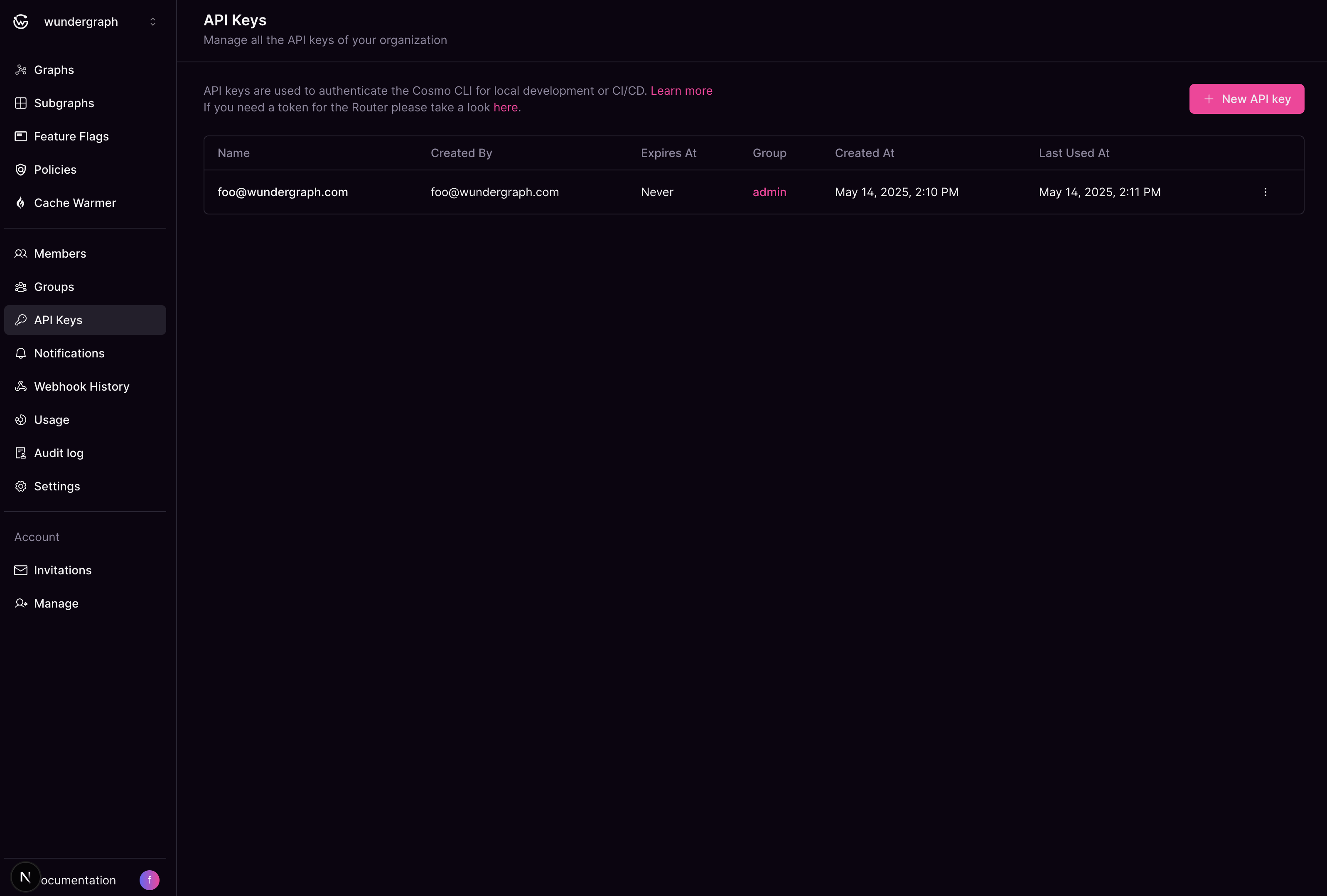 API keys management page Cosmo Studio API keys management page showing an organization API key list with options to create new keys.