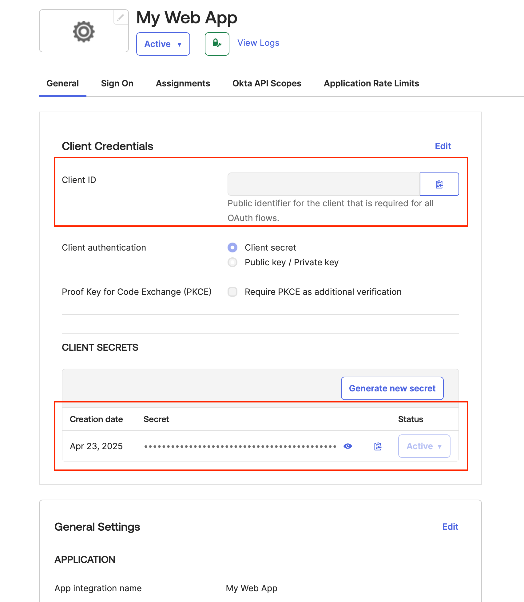 Client credentials editing view Client Credentials section editing client ID for OAuth flows