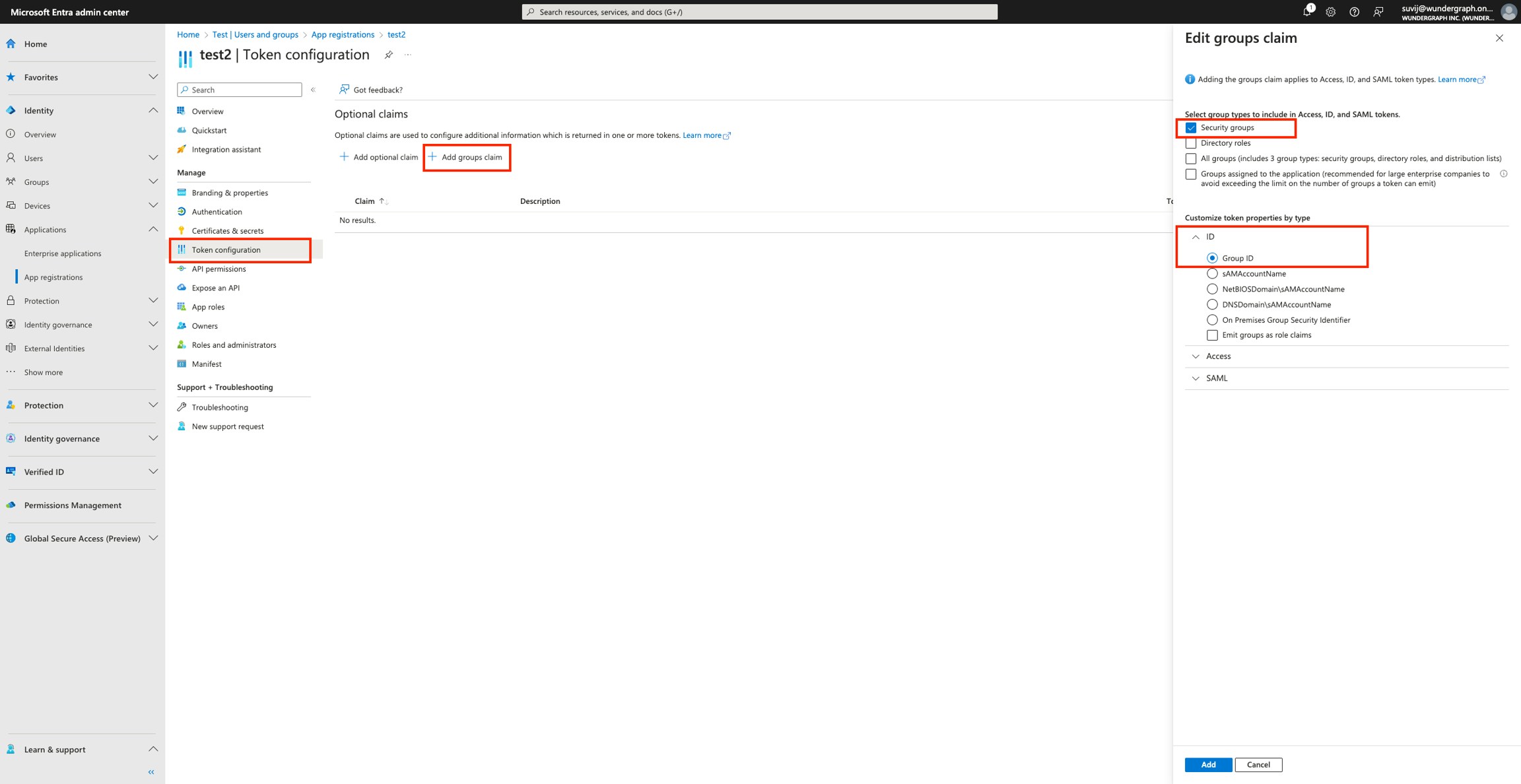 Token configuration with group claims Microsoft Entra Token configuration showing Security groups claim with Group ID option