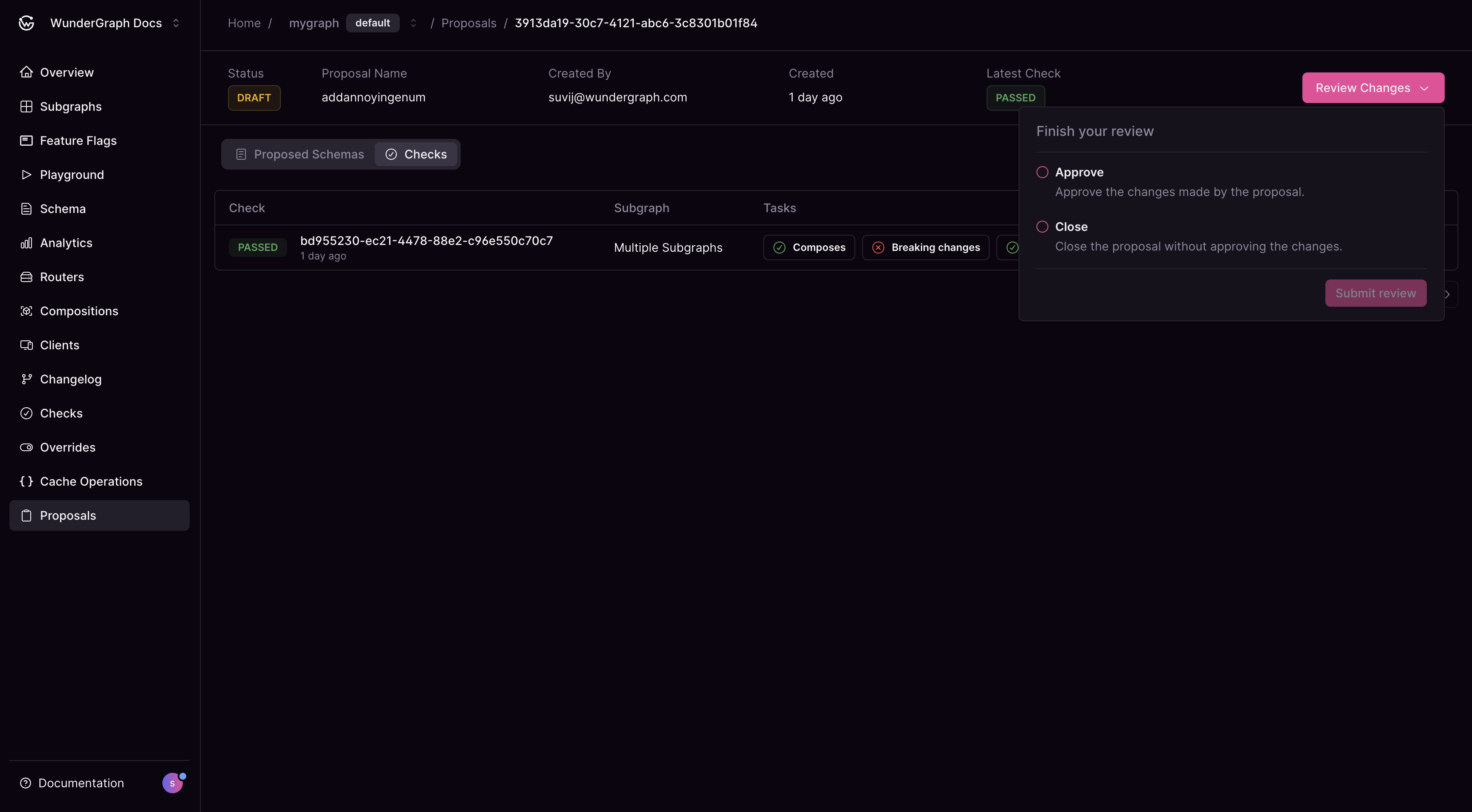 Review changes dialog with approve and close options