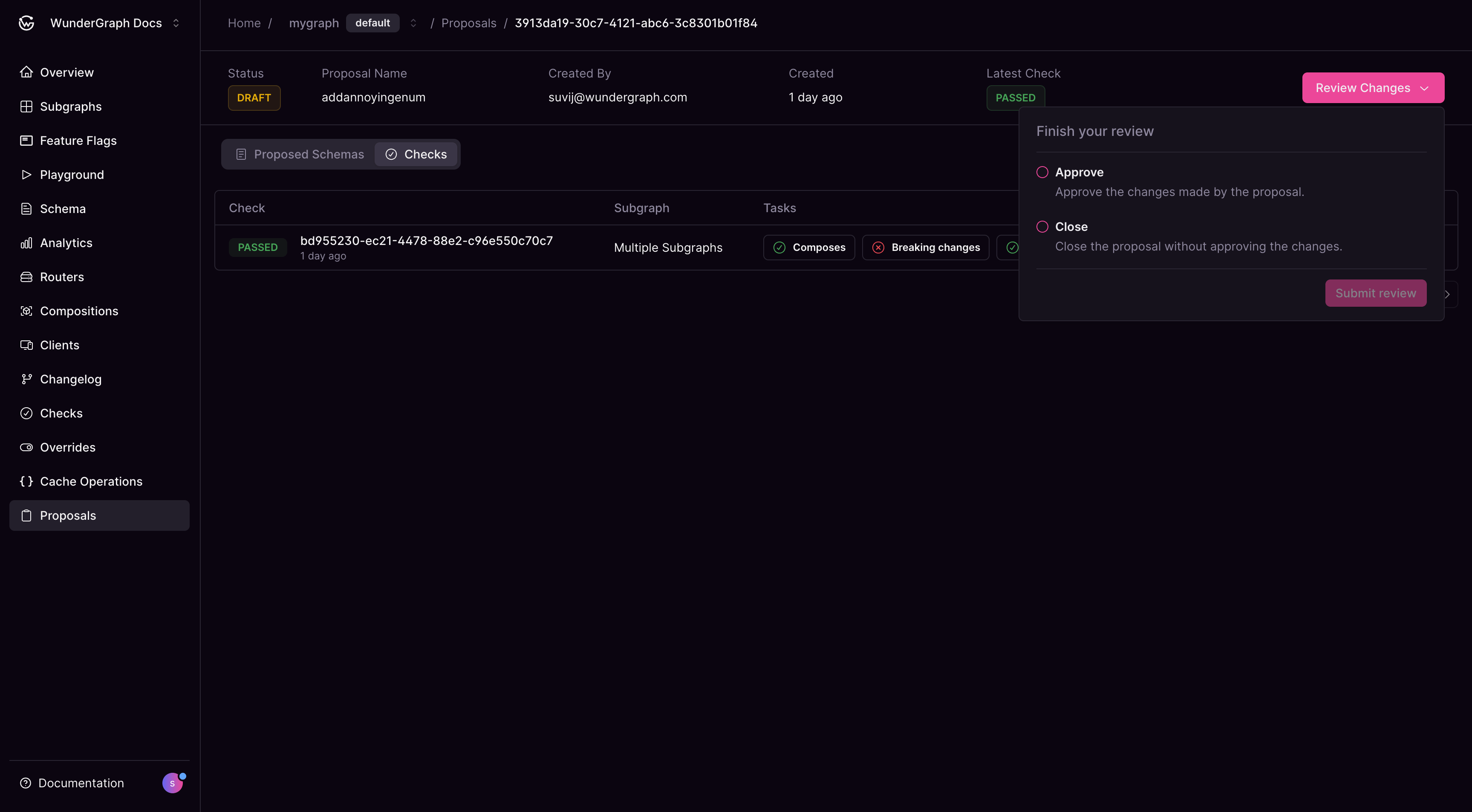 Review changes dialog with approve and close options