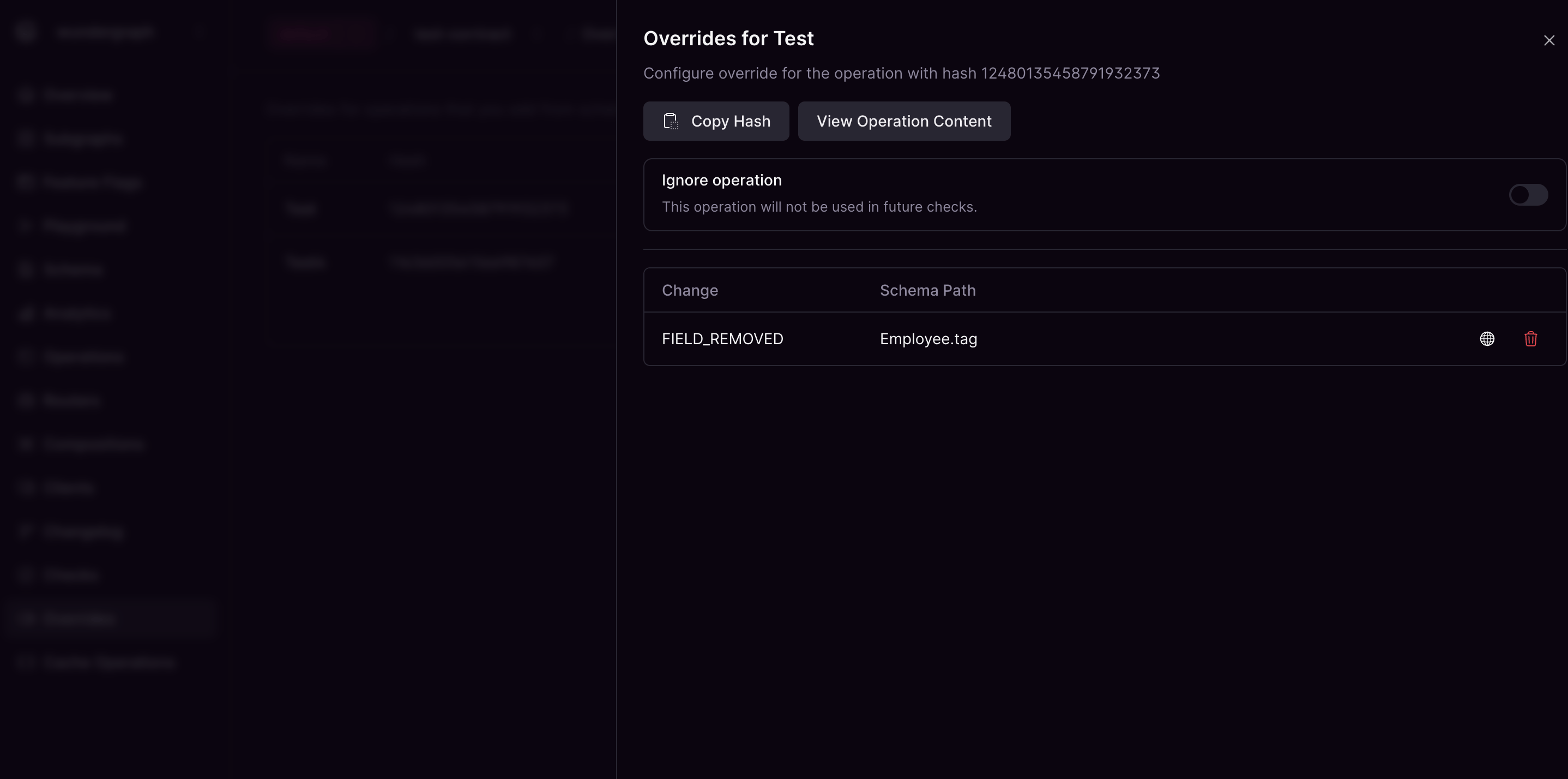 Operation overrides configuration Overrides configuration with ignore operation toggle and change overrides list