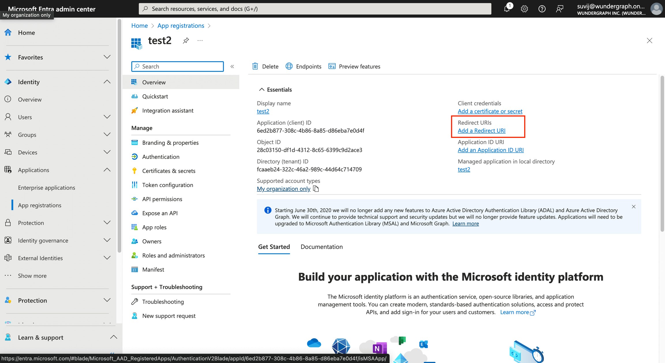 Add Redirect URI in Azure AD registration Azure AD registration page highlighting Add Redirect URI button