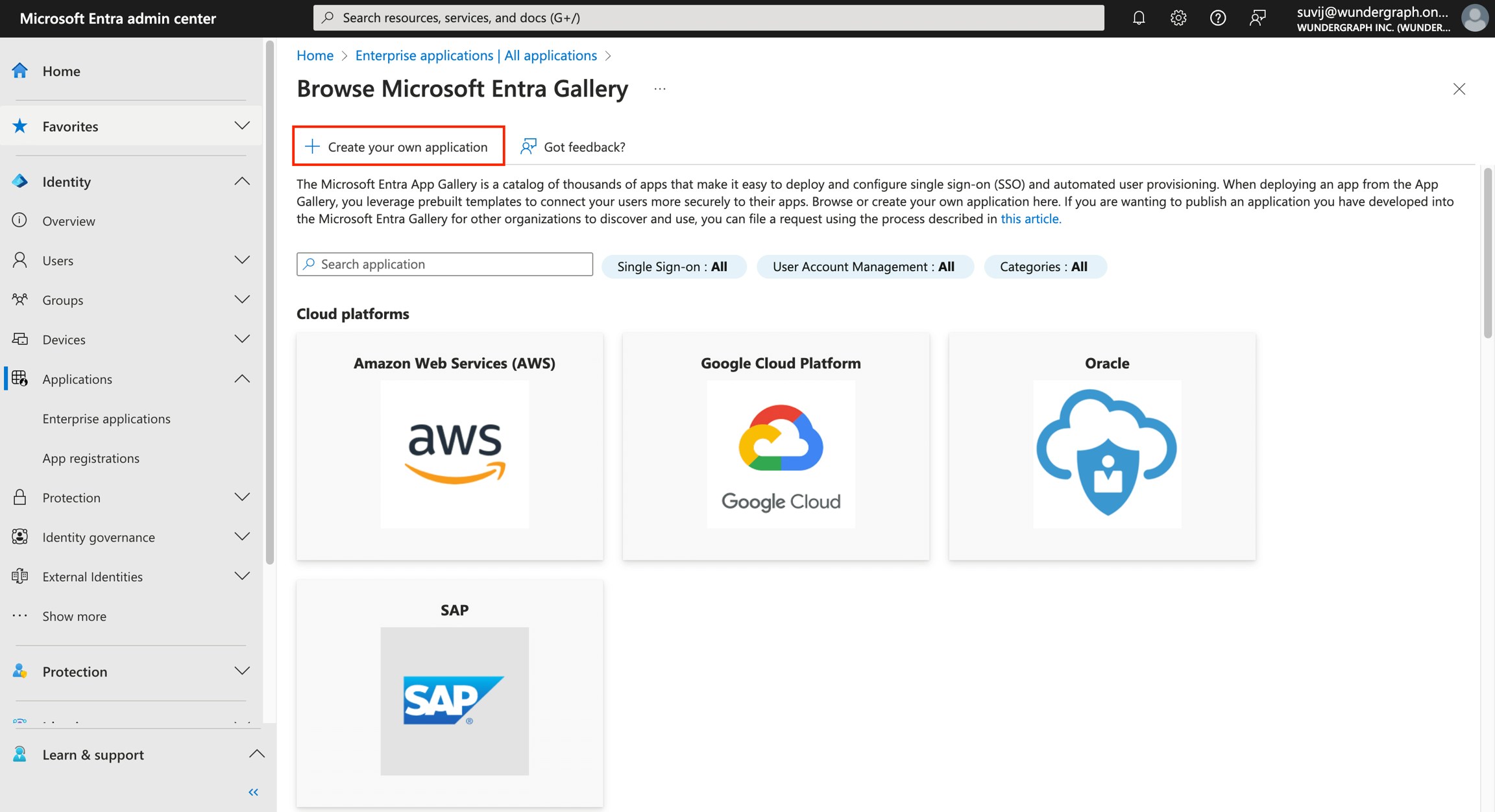 Create custom application in Entra Microsoft Entra admin center showing Create Your Own Application option