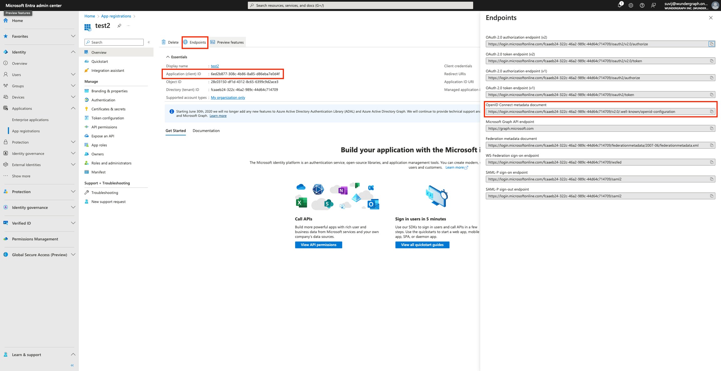 OpenID Connect metadata in Entra Endpoints section in Microsoft Entra highlighting OpenID Connect metadata document