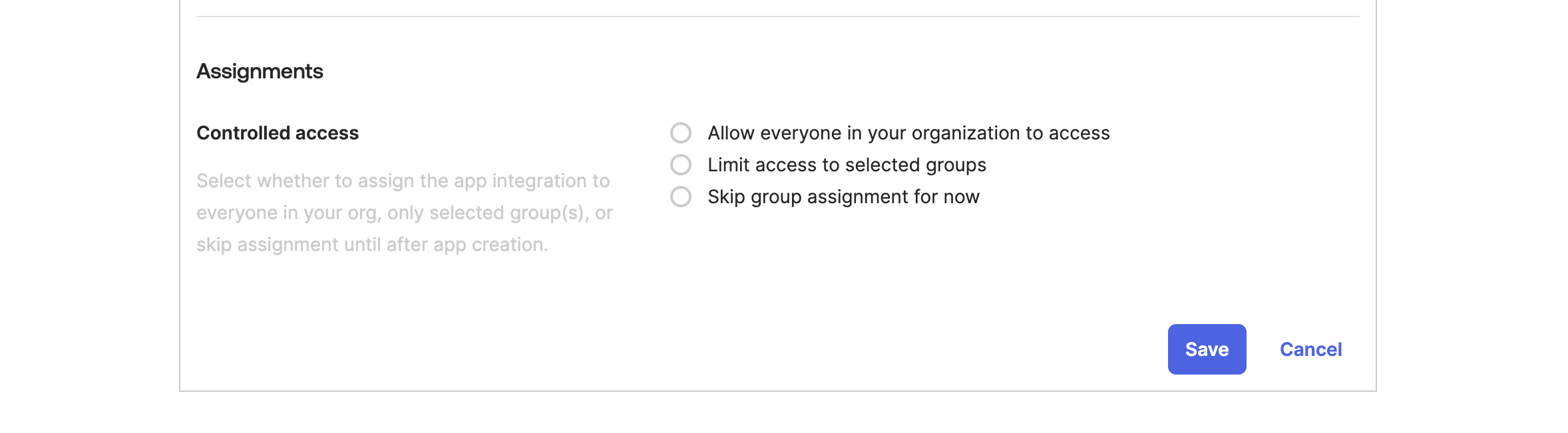 Assign controlled access to app Cosmo Docs access assignment dialog with options for group or org-wide access