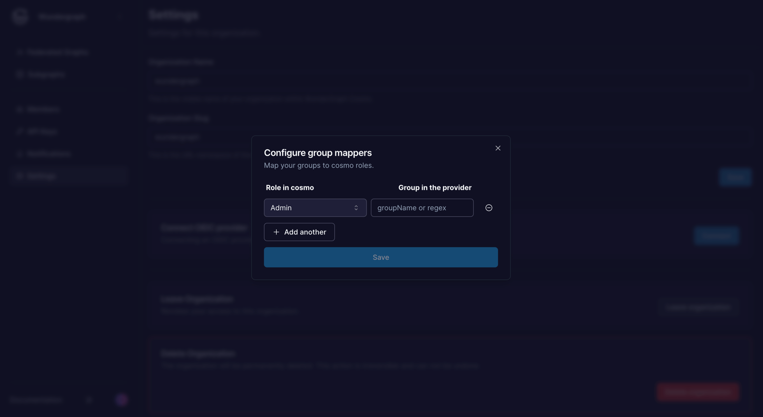 Configure group mappers for roles Group mapper configuration showing Cosmo role and provider group fields