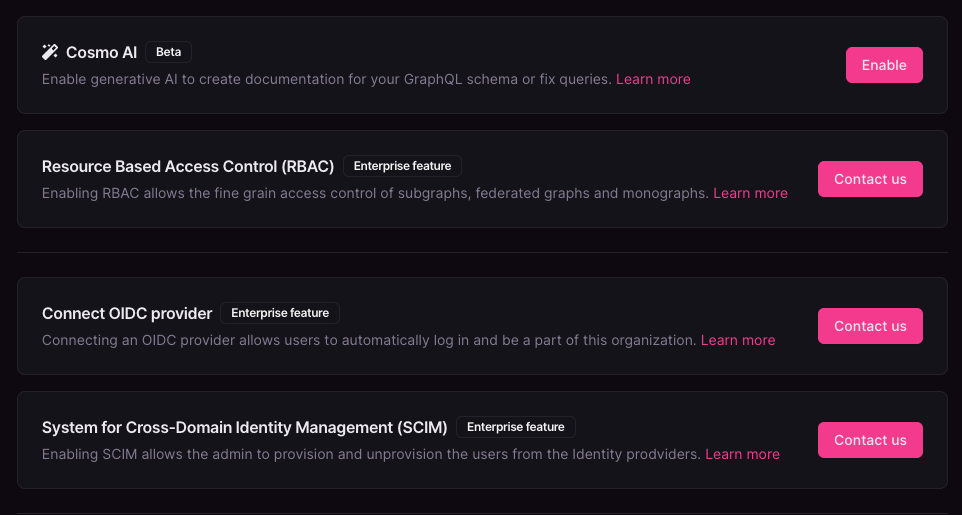 Organization settings with AI and RBAC Organization settings with options for generative AI documentation and RBAC controls