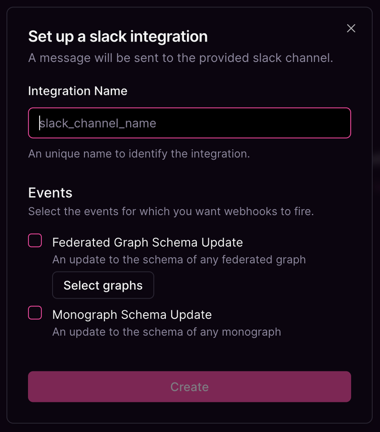 Slack integration for schema updates Create Slack integration for federated graph schema update events