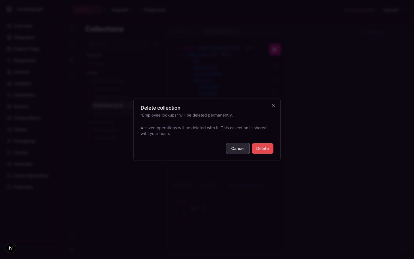 Delete collection dialog Confirmation dialog for deleting a collection, listing how many operations go with it