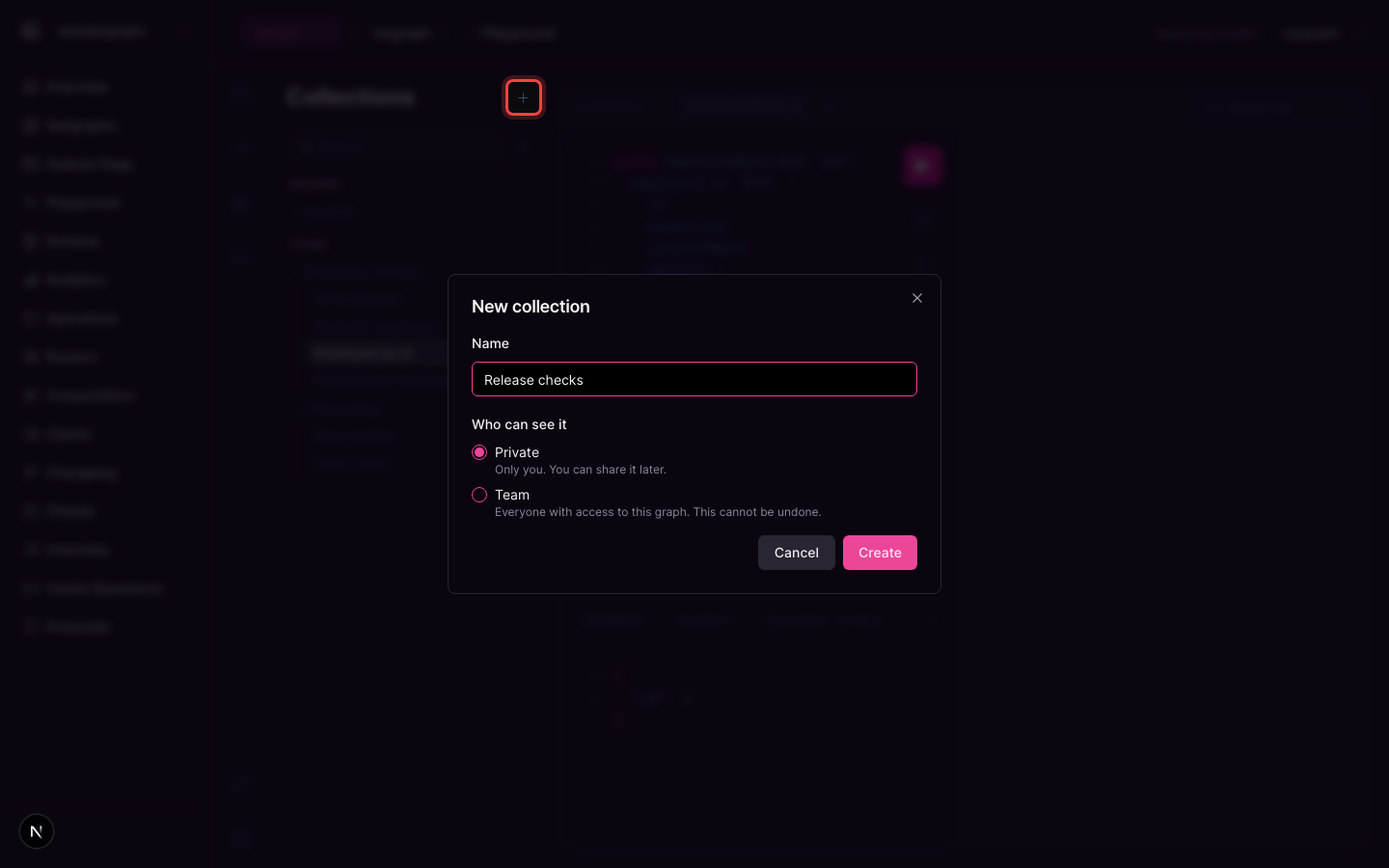New collection dialog, opened from the highlighted plus button in the panel header