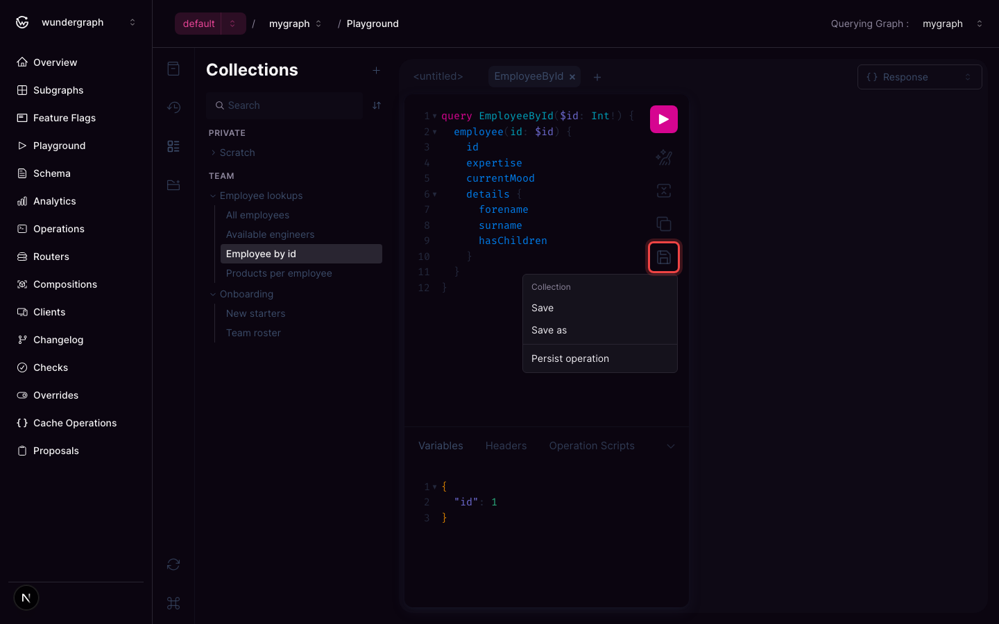 Playground editor toolbar save menu, with the highlighted save button that opens it