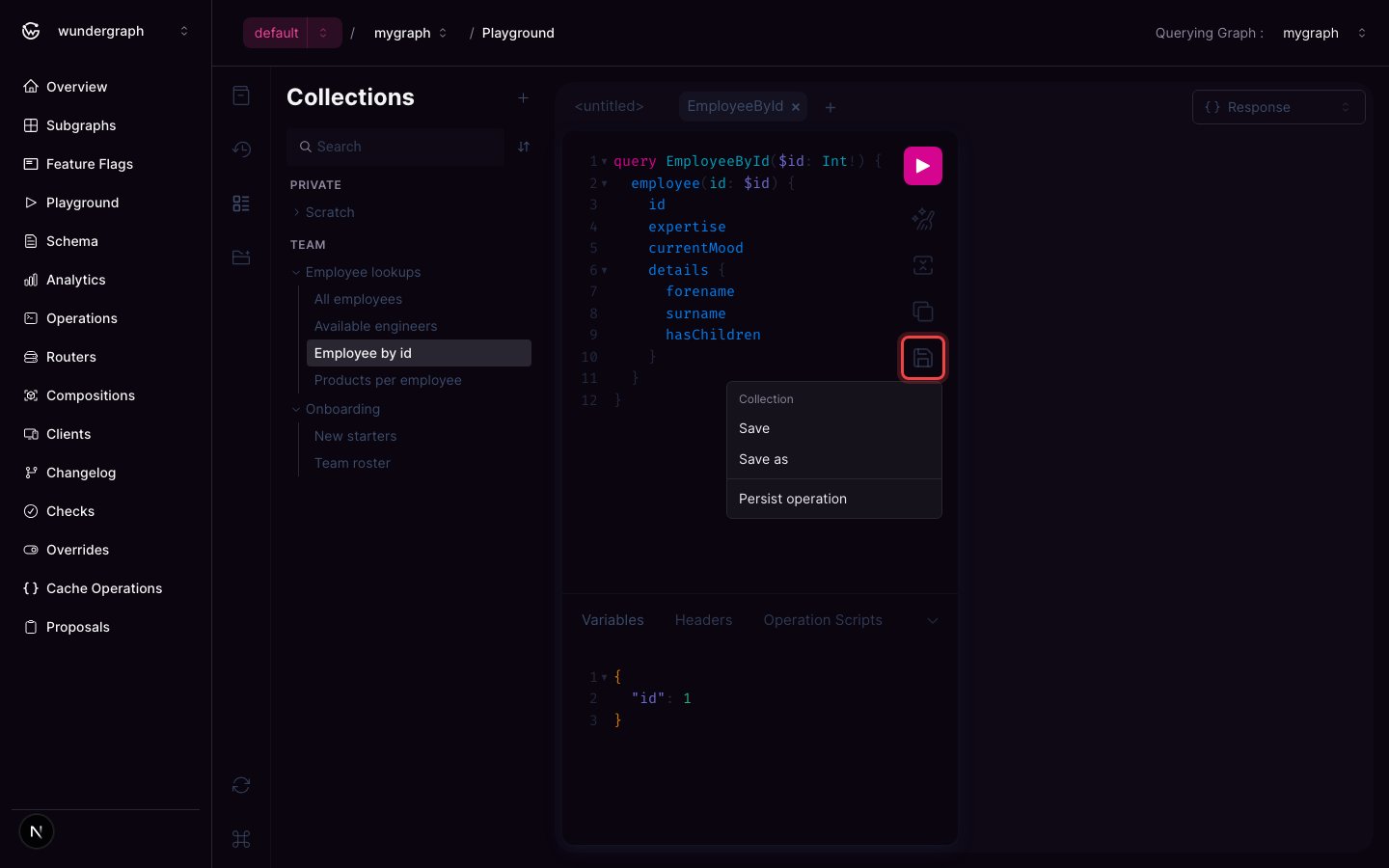 Save menu Playground editor toolbar save menu, with the highlighted save button that opens it