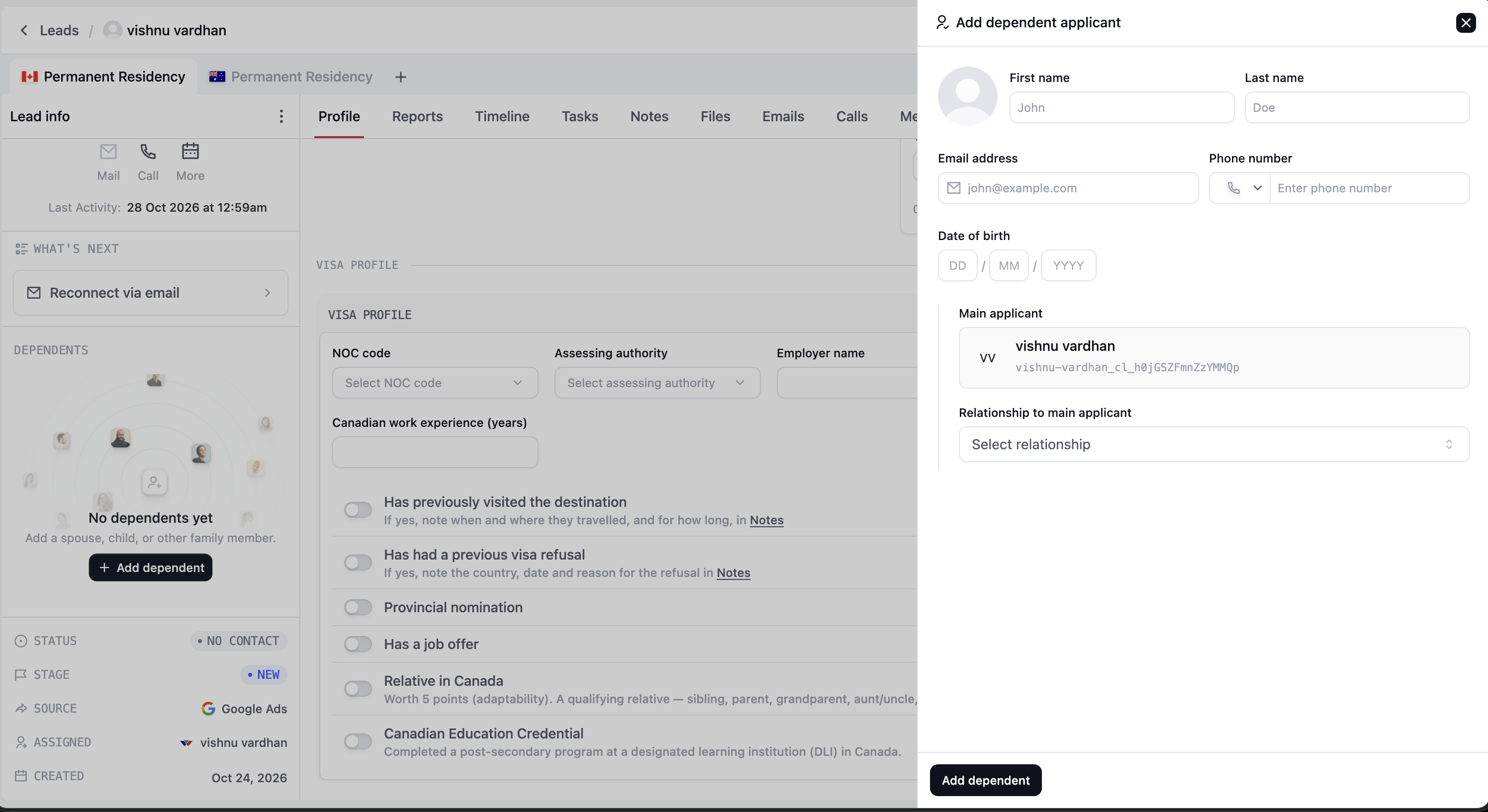 Add dependent applicant drawer showing personal details, the selected main applicant, and the relationship field