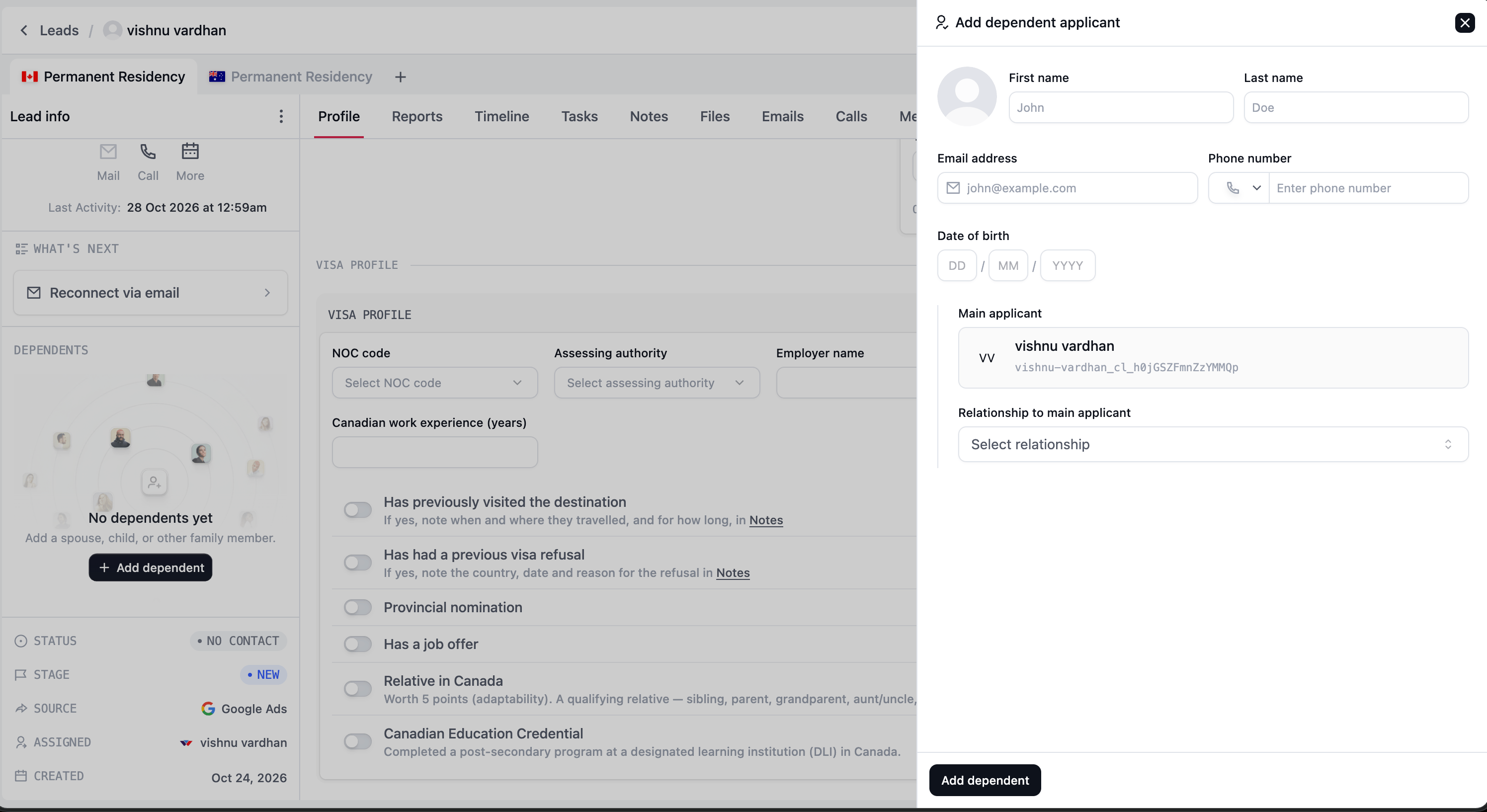 Add dependent applicant drawer showing personal details, the selected main applicant, and the relationship field