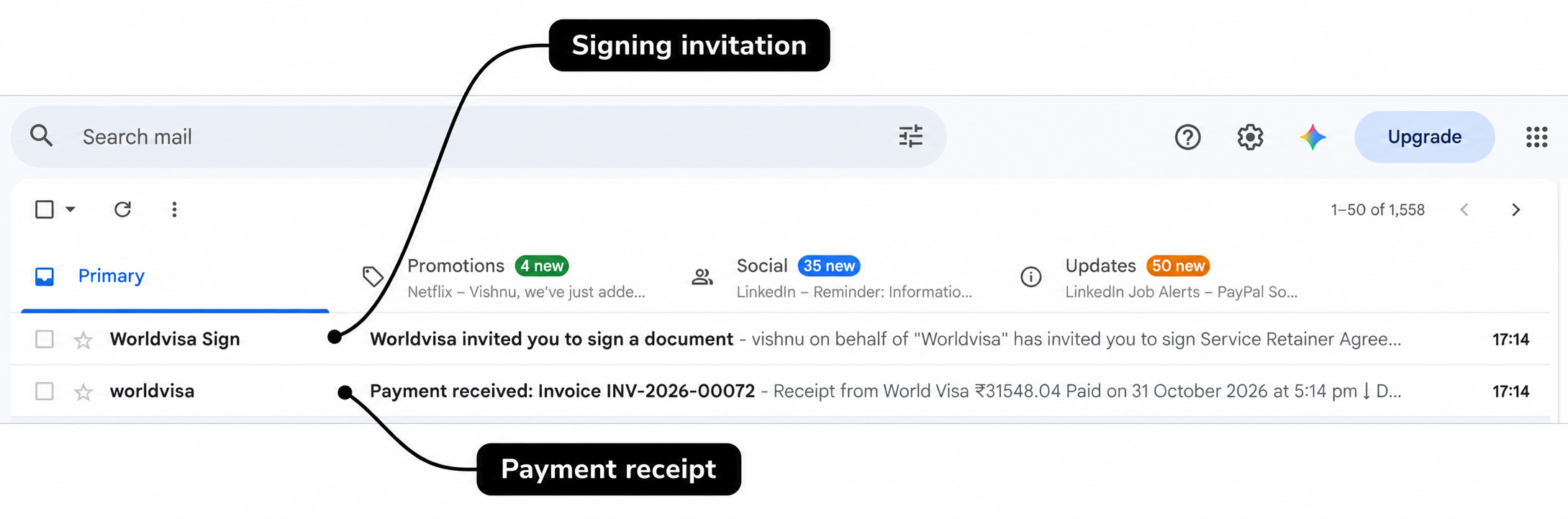 Client inbox with labels distinguishing the signing invitation from the payment receipt