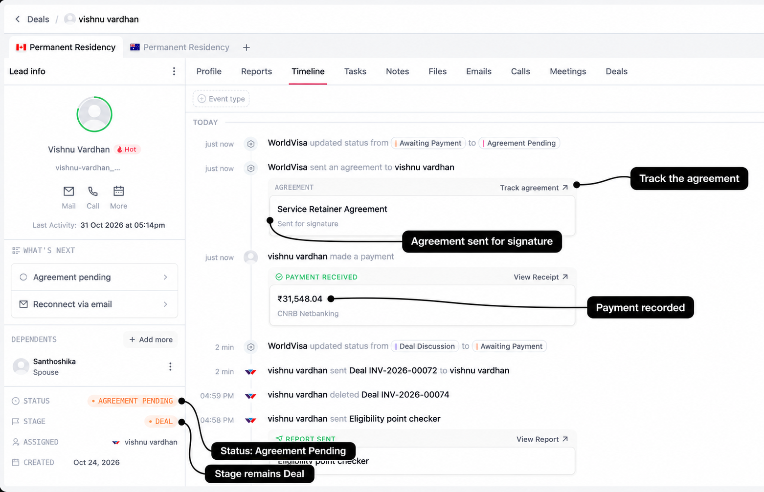 Timeline with labels for payment received, agreement sent, Agreement Pending status, Deal stage, and tracking action