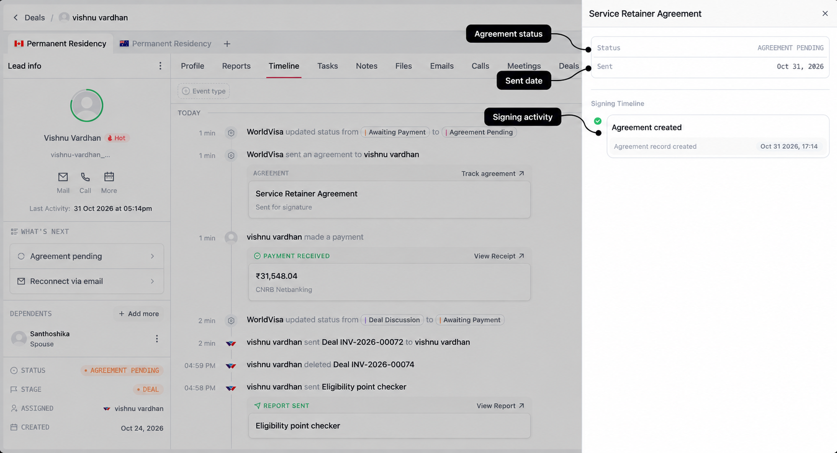 Agreement tracking drawer with labels for current status, sent date, and signing activity