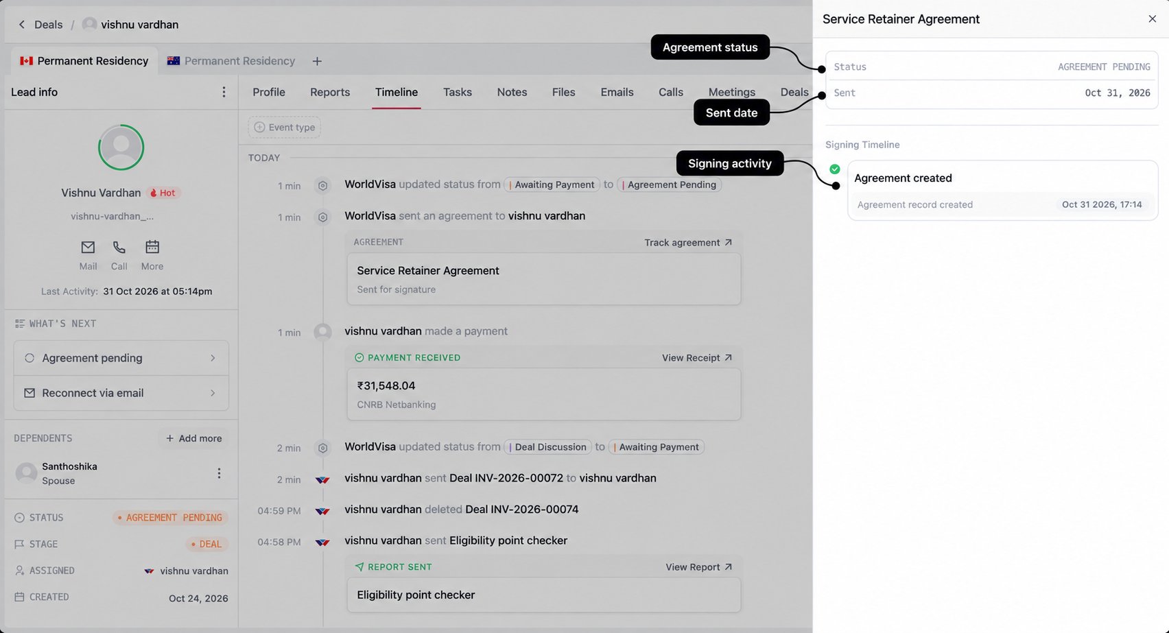 Agreement tracking drawer with labels for current status, sent date, and signing activity