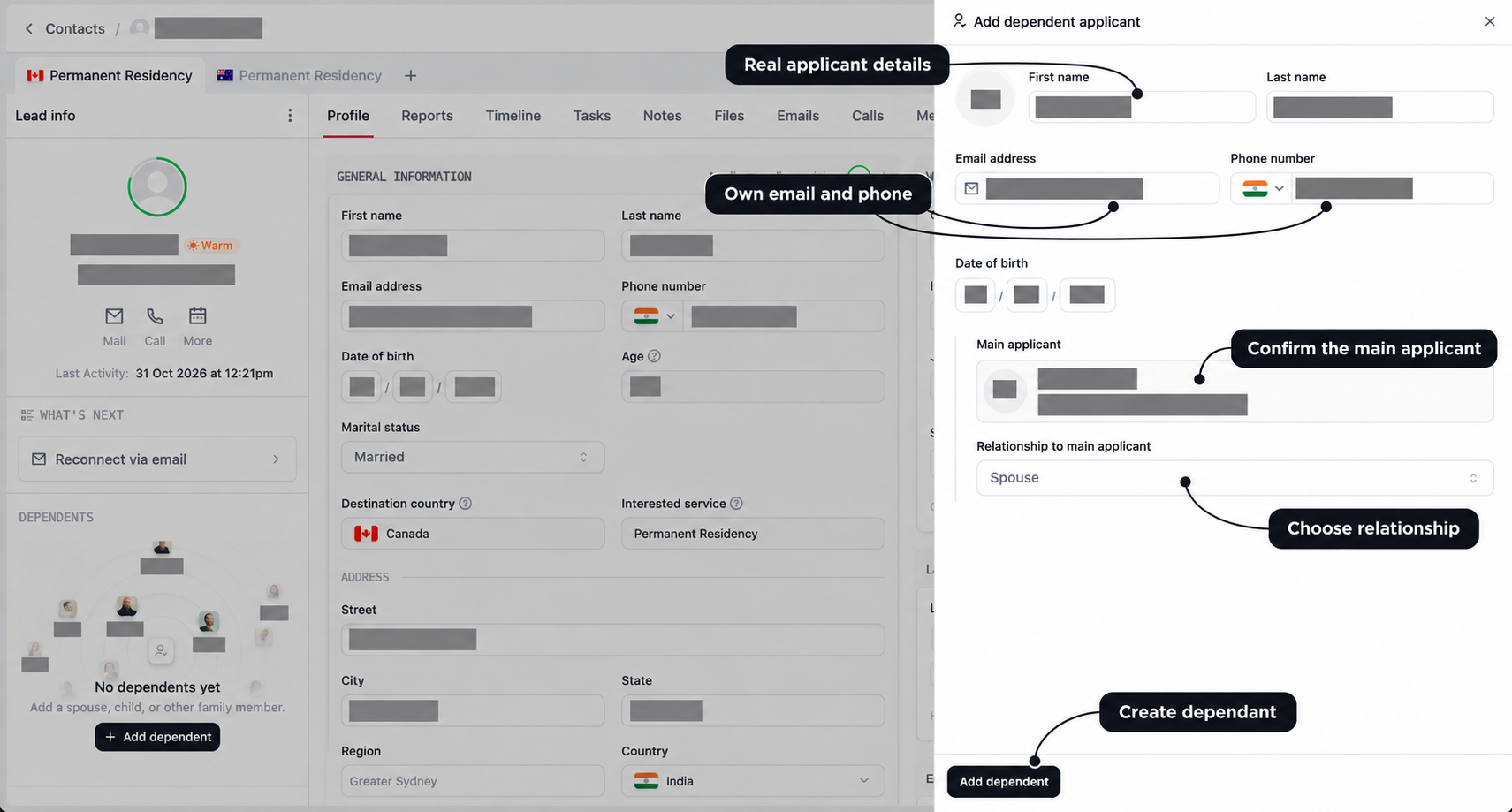 Add dependent applicant drawer with labels for genuine personal details, individual contact information, main applicant, relationship, and submission