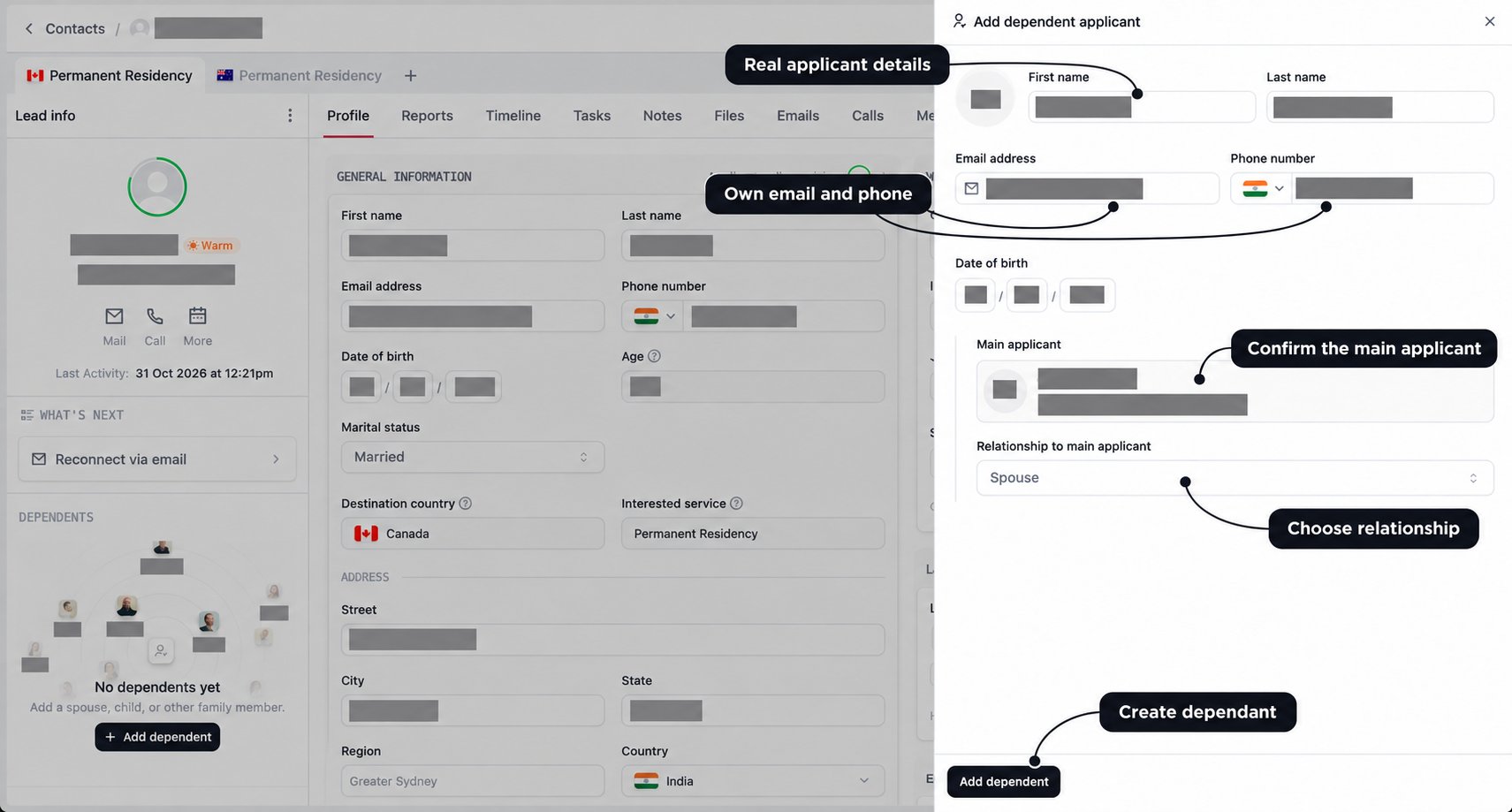Add dependent applicant drawer with labels for genuine personal details, individual contact information, main applicant, relationship, and submission