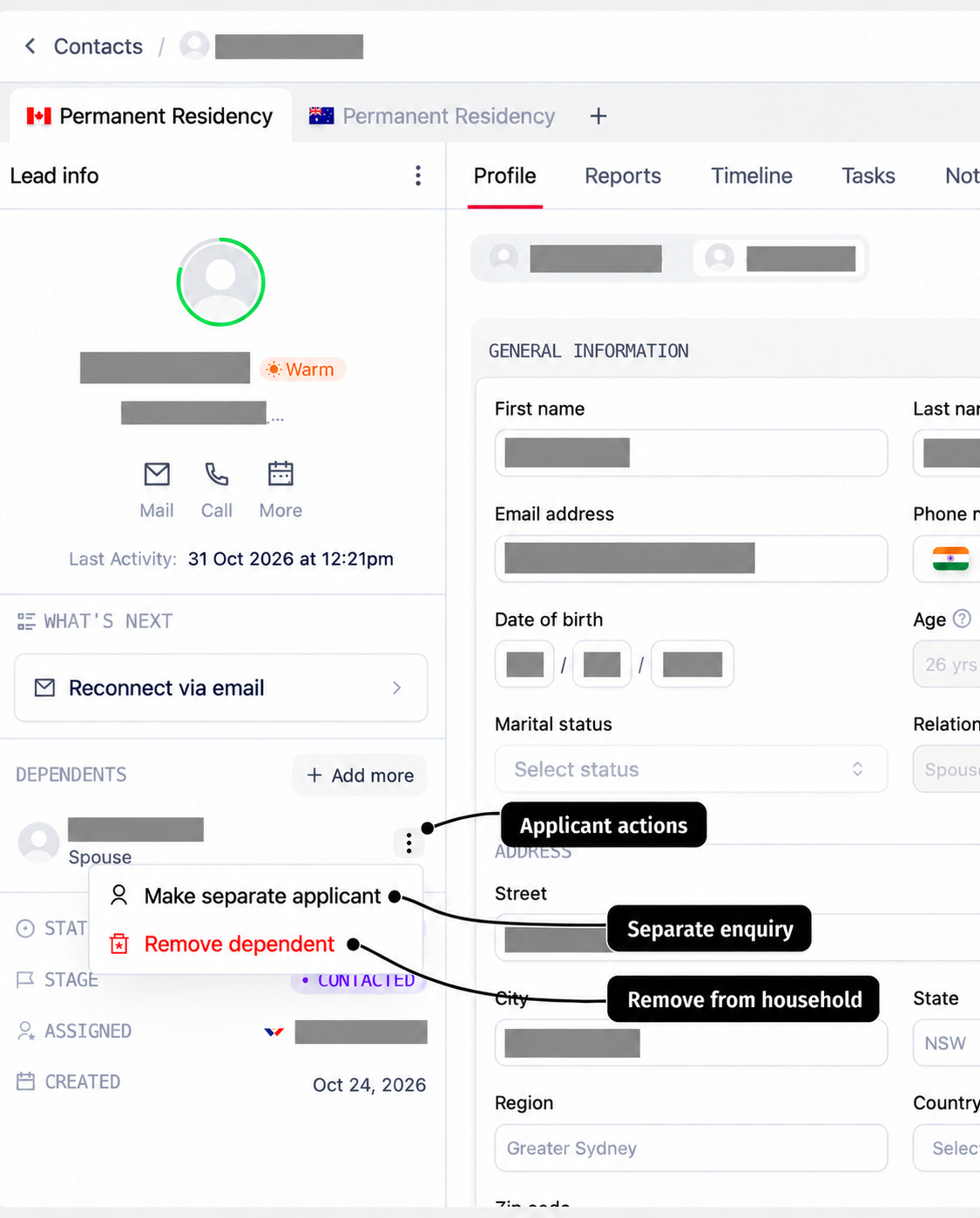 Dependent applicant menu with labels for profile selection, applicant actions, Make separate applicant, and Remove dependent