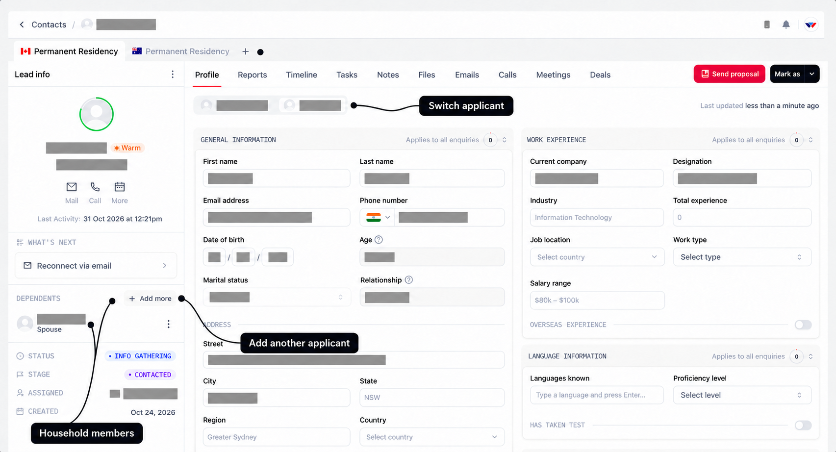 Profile workspace with labels for applicant switching, the selected person's details, household members, and Add more