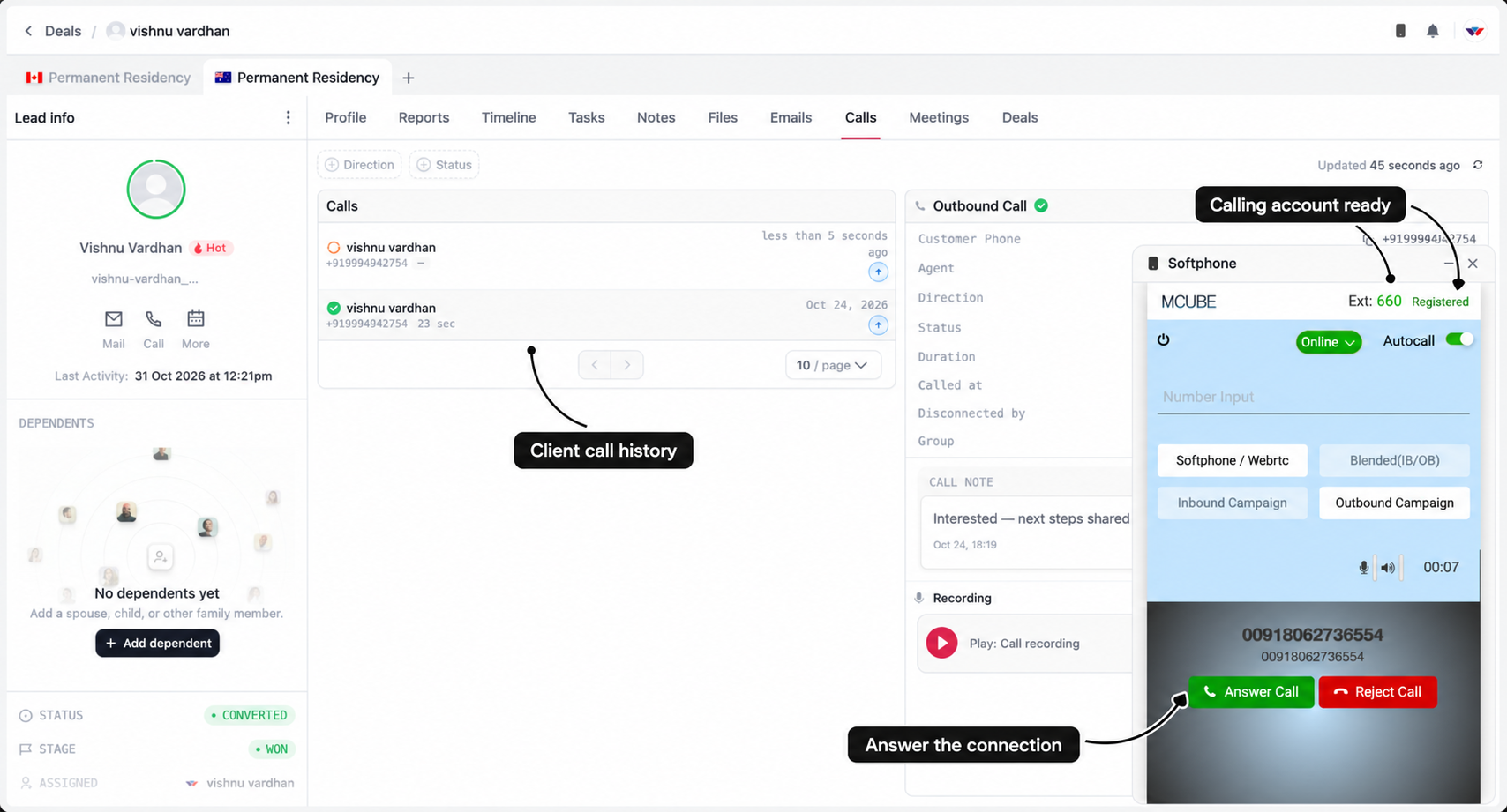 Softphone connection with labels for calling-account readiness, Answer Call, and the client's call history